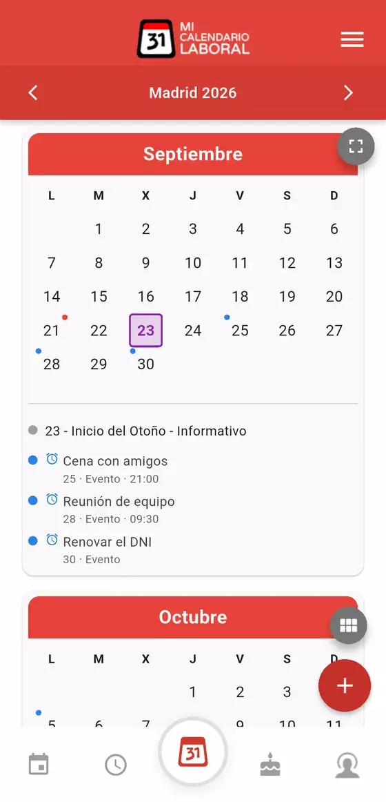 Pantalla del calendario laboral en la app móvil de Mi Calendario Laboral