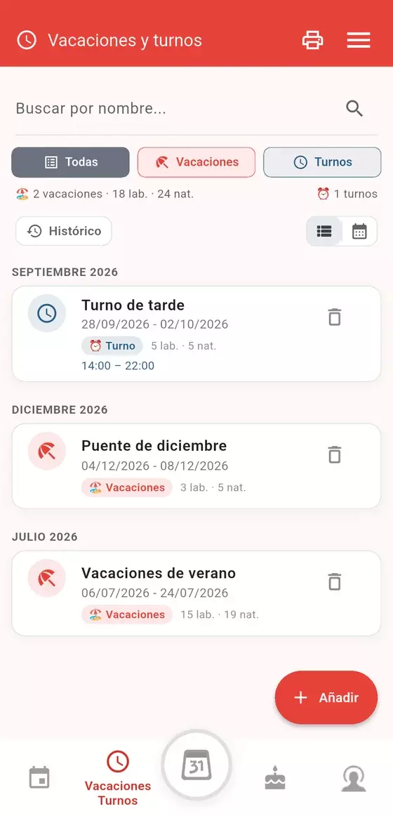 Pantalla de vacaciones y turnos de la app