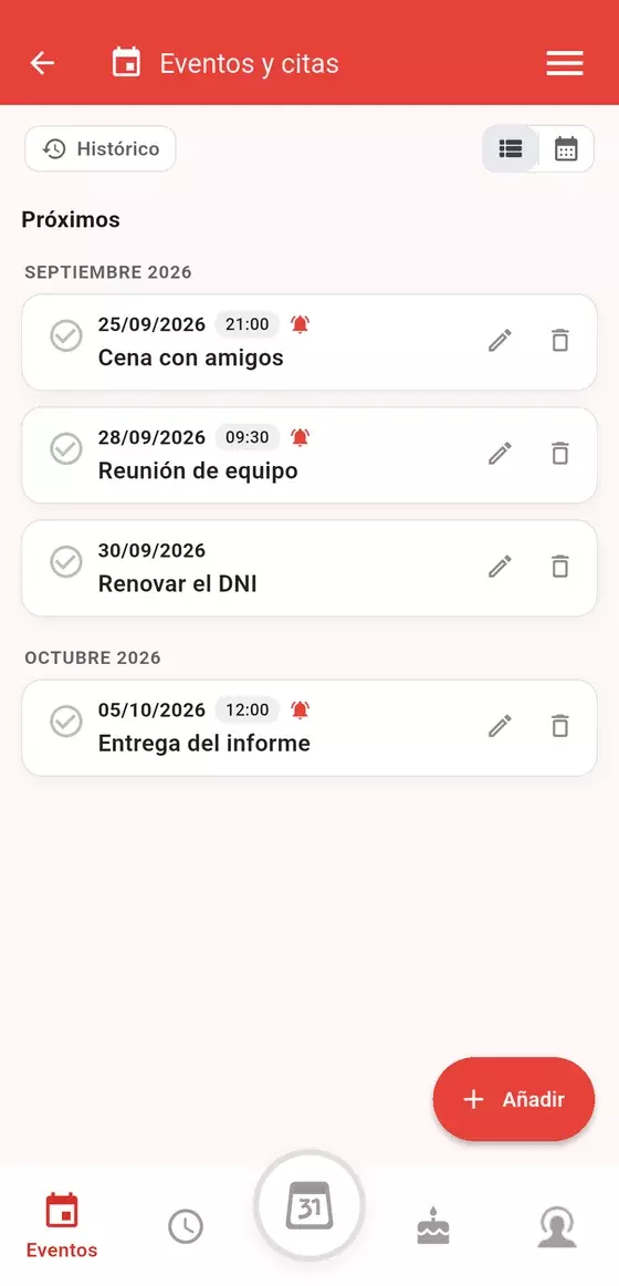 Pantalla de eventos y citas de la app