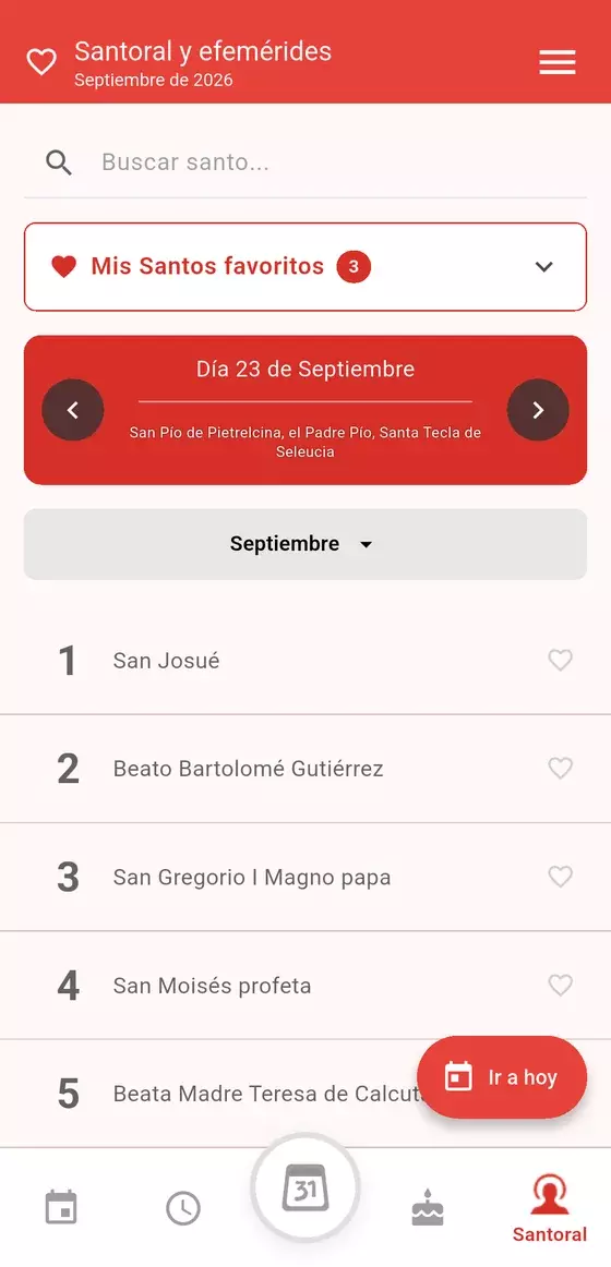 Pantalla de santoral y efemérides de la app