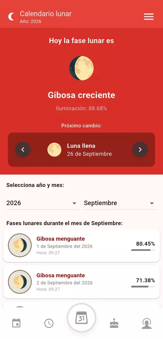 Pantalla de calendario lunar de la app