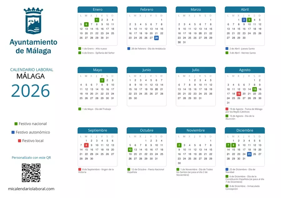 Calendario laboral personalizado del Ayuntamiento de Málaga, generado con Mi Calendario Laboral