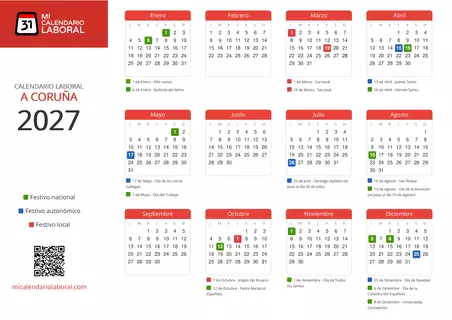 Calendario Laboral de A Coruña 2027 - Días festivos - Feriados y puentes de A Coruña