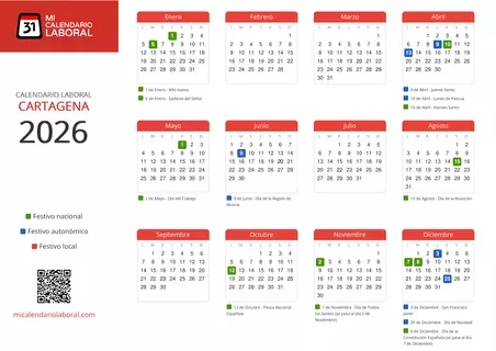 Calendario Laboral de Cartagena 2026 - Días festivos - Feriados y puentes de Cartagena