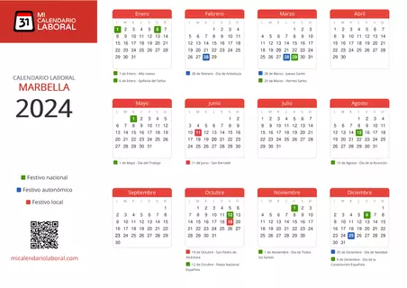 Calendario Laboral de Marbella 2024 - Días festivos - Feriados y puentes de Marbella