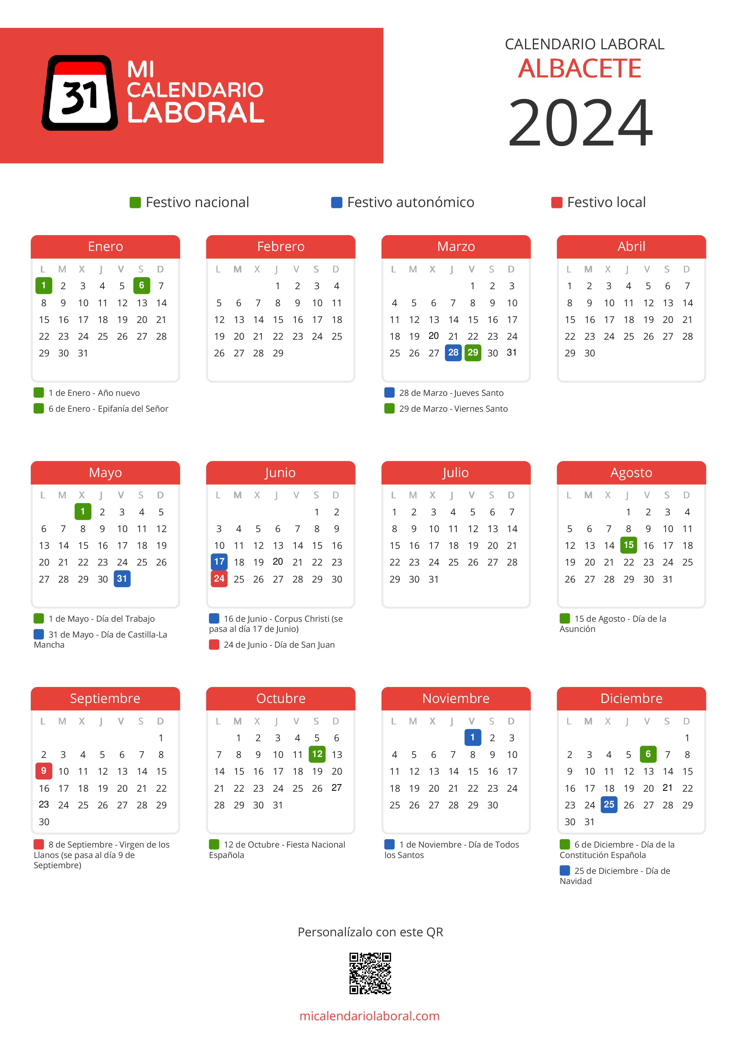 Calendario Laboral de Albacete 2024 - Feriados y puentes de Albacete formato vertical
