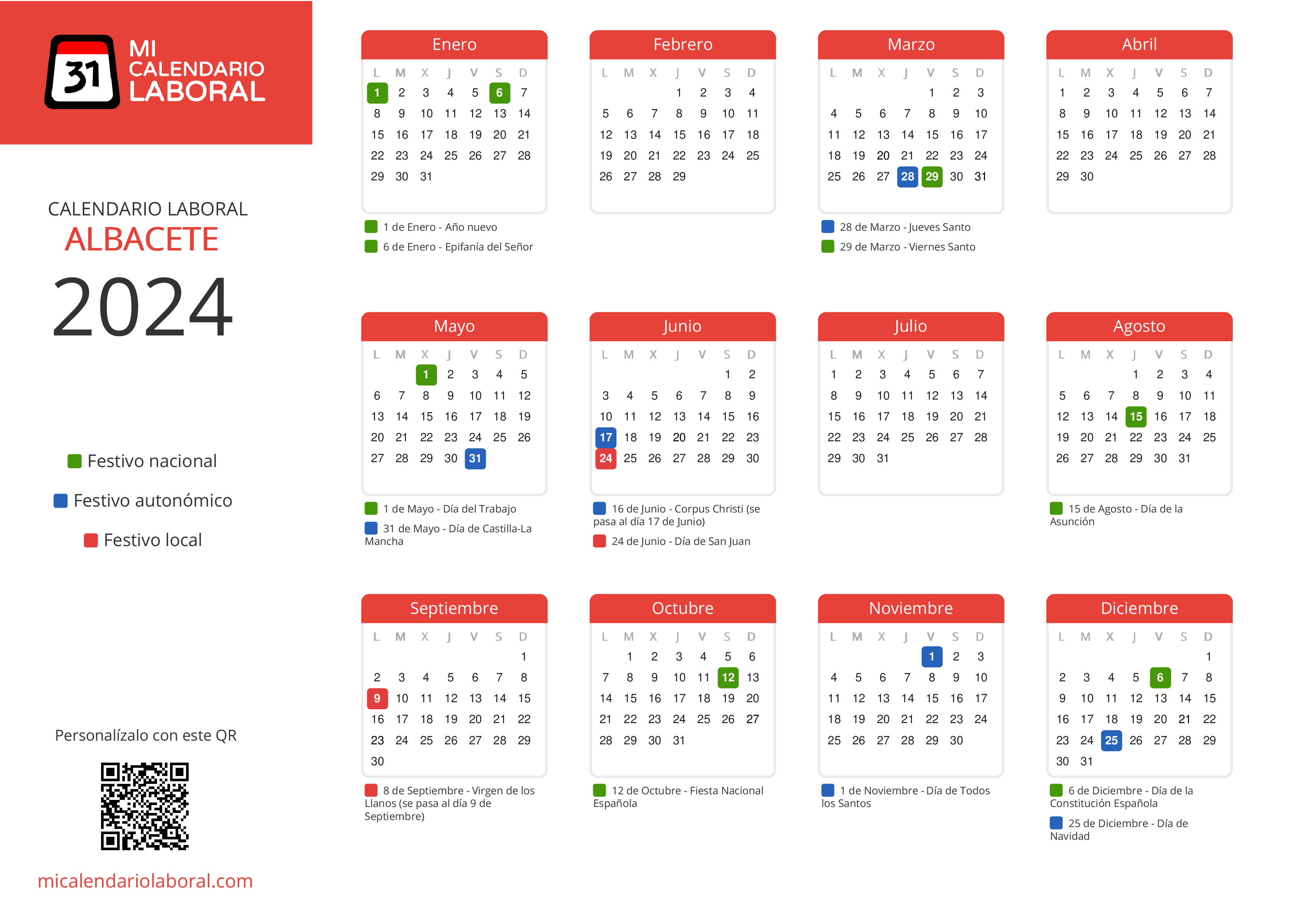 Calendario Laboral de Albacete 2024 - Feriados y puentes de Albacete