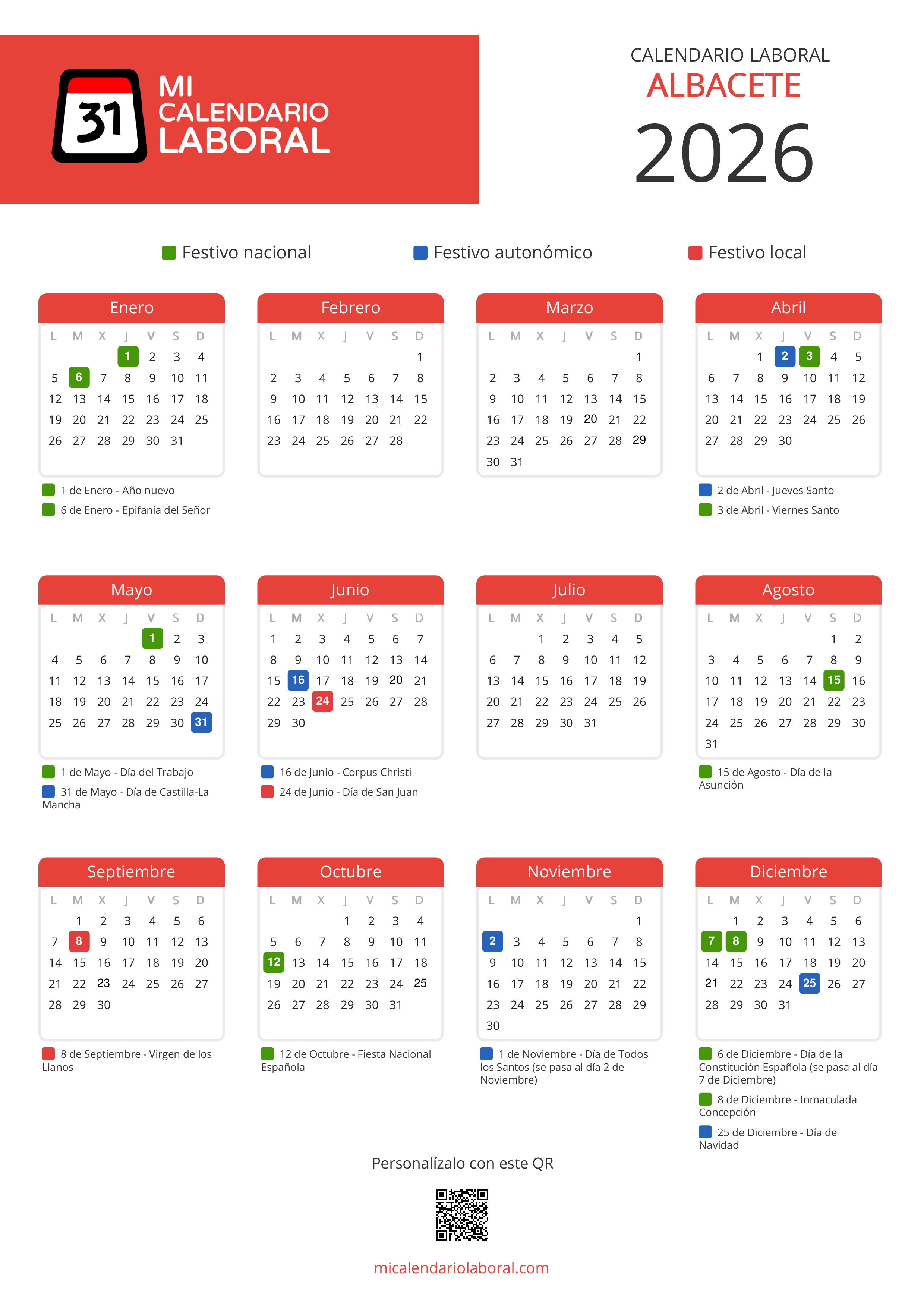 Calendario Laboral de Albacete 2026 - Feriados y puentes de Albacete formato vertical