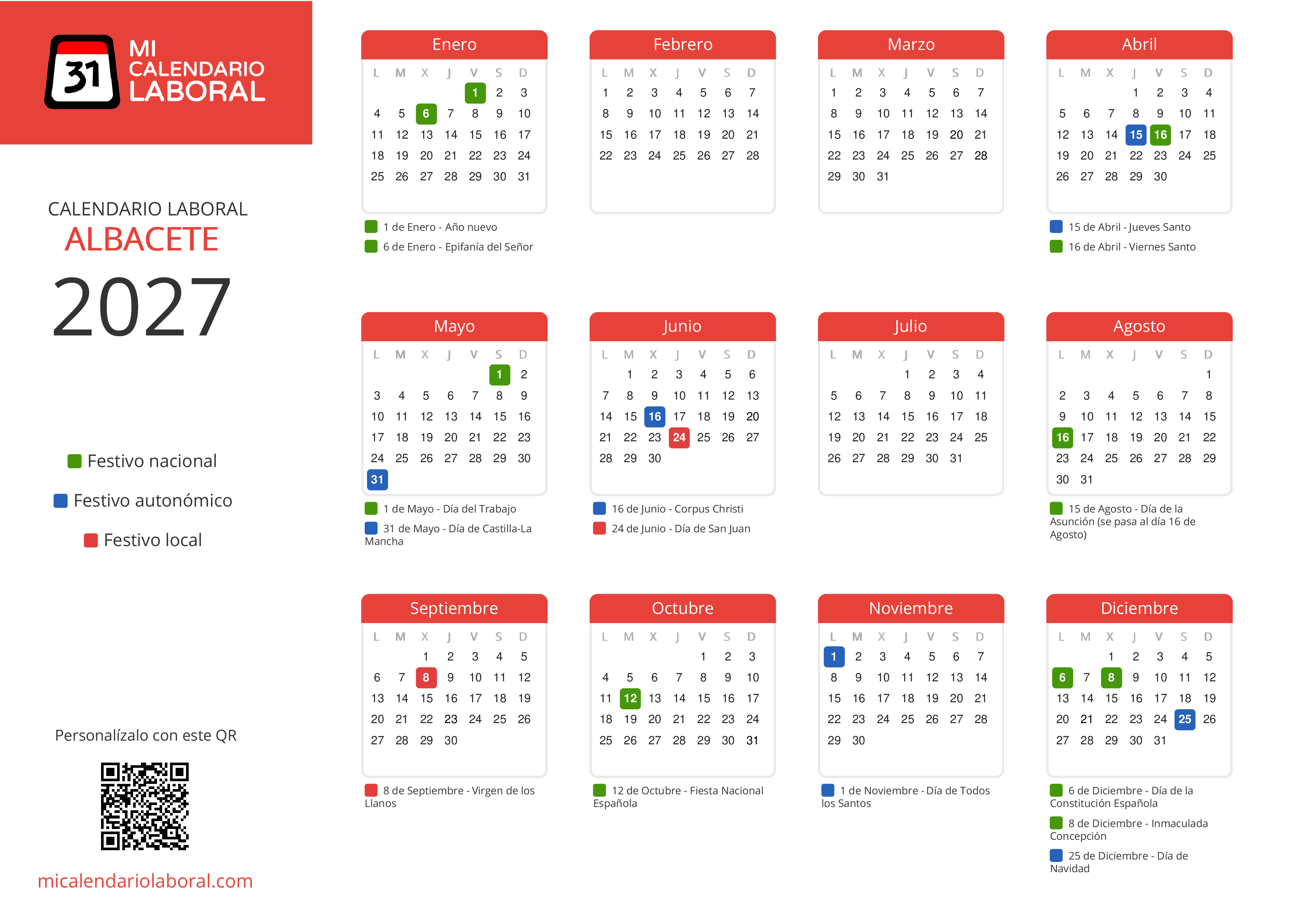 Calendario Laboral de Albacete 2027 - Feriados y puentes de Albacete