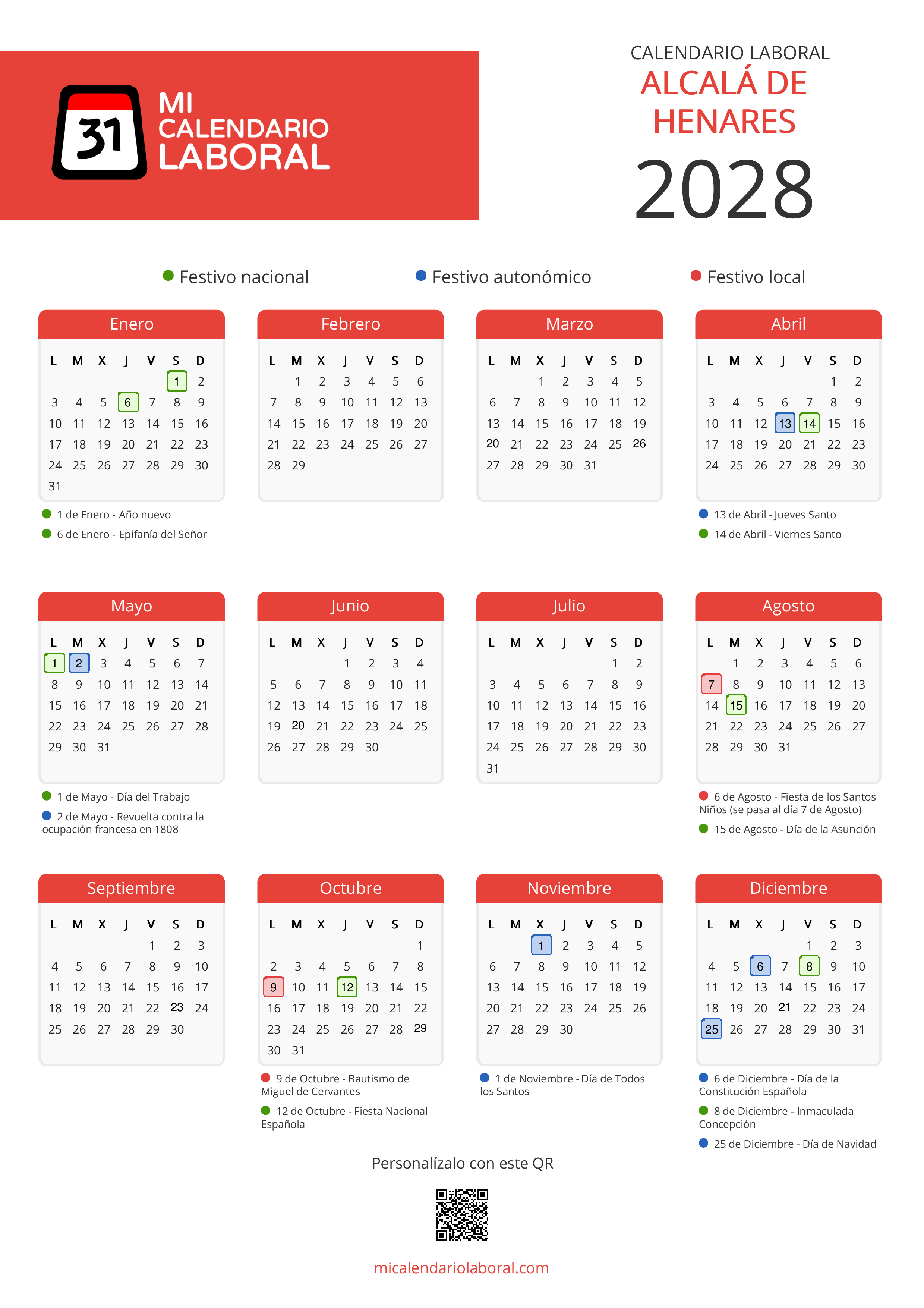 Calendario Laboral de Alcalá de Henares 2028 - Feriados y puentes de Alcalá de Henares formato vertical