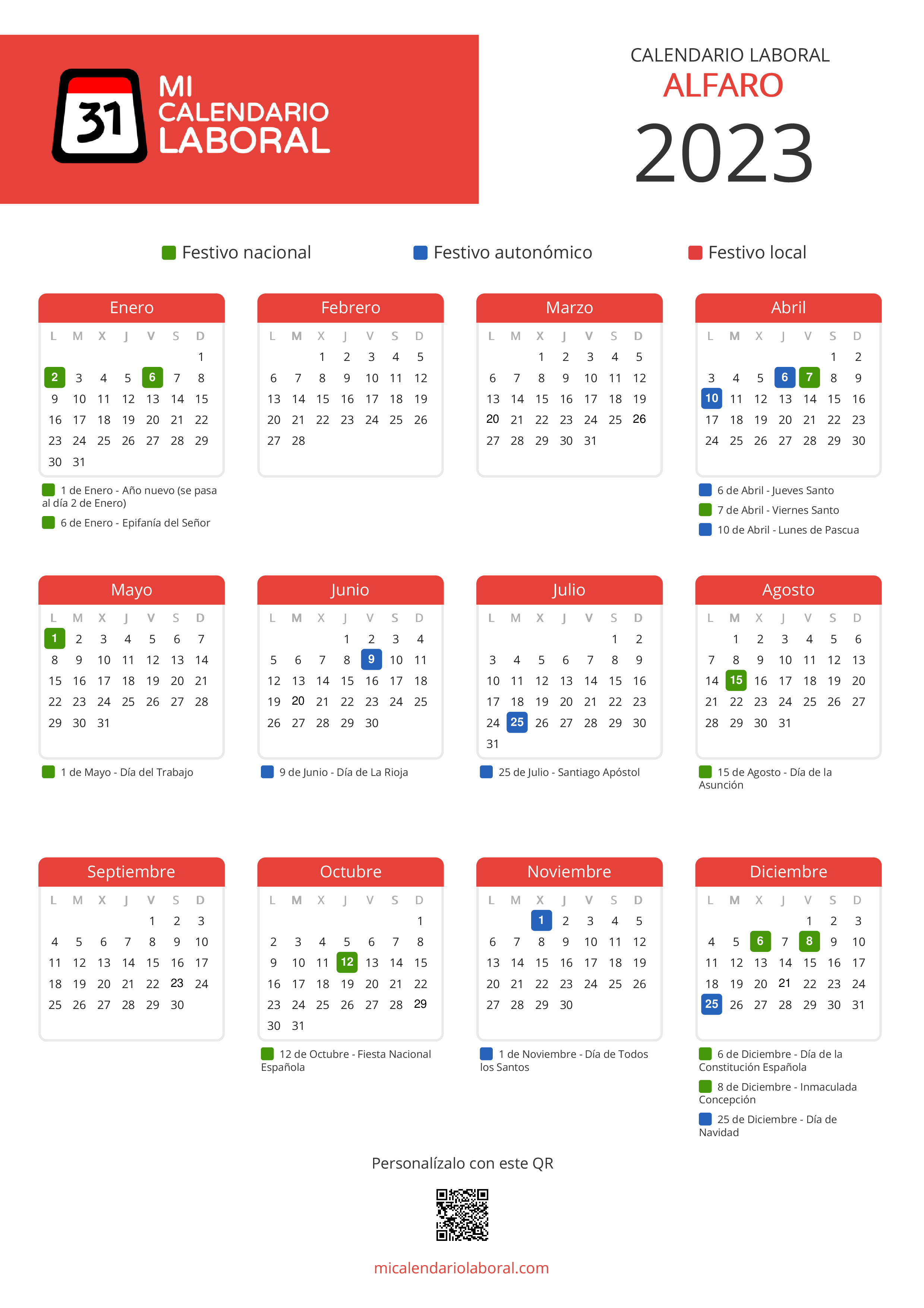 Calendario Laboral de Alfaro 2023 - Feriados y puentes de Alfaro formato vertical