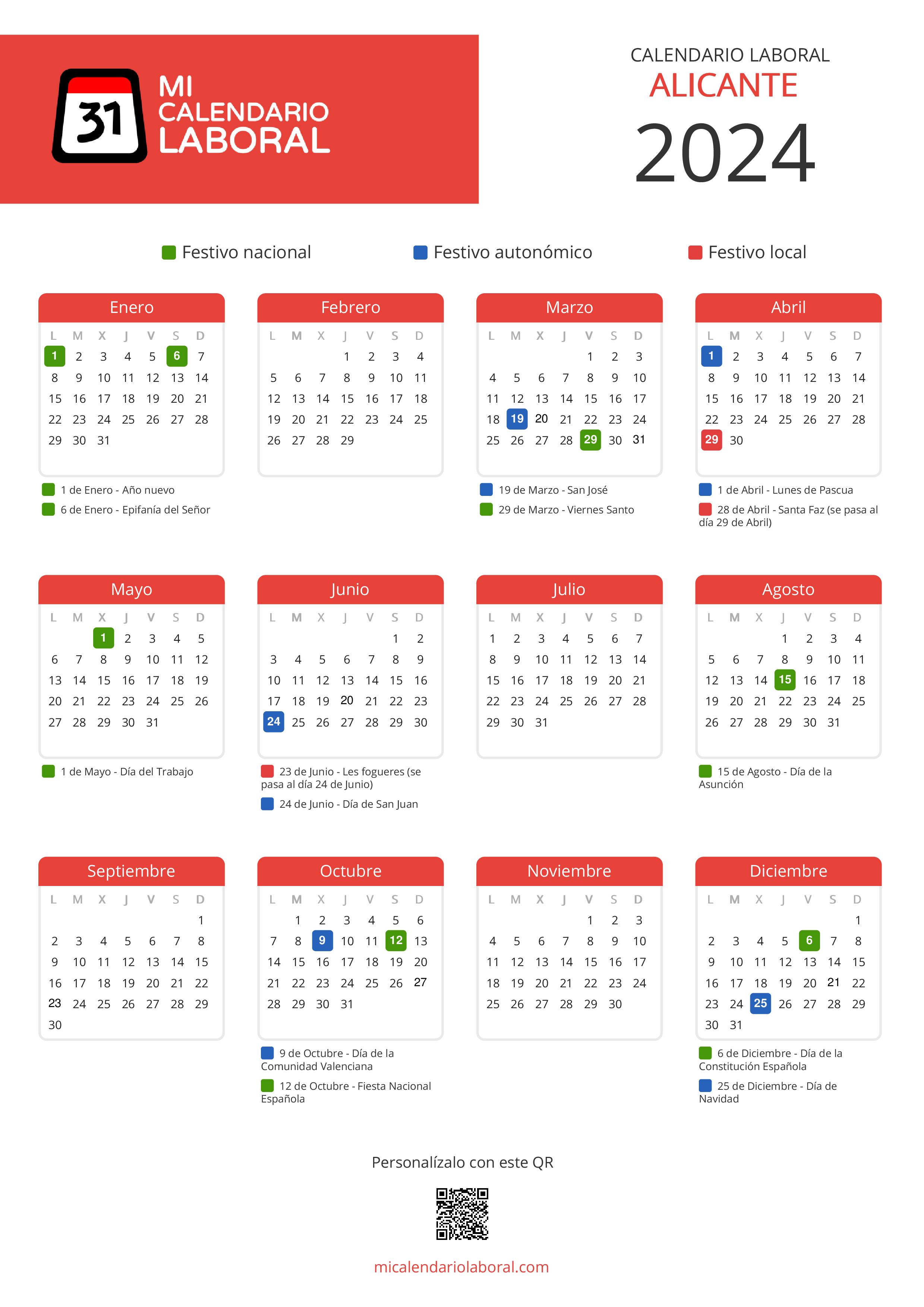 Calendario Laboral de Alicante 2024 - Feriados y puentes de Alicante formato vertical