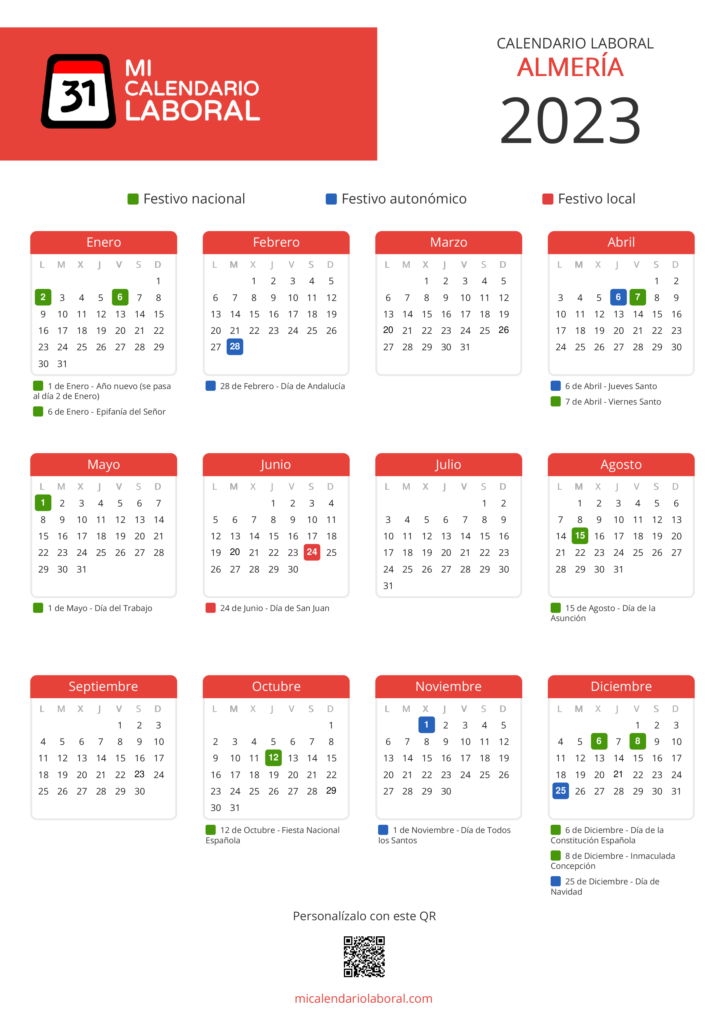 Calendario Laboral de Almería 2023 - Feriados y puentes de Almería formato vertical