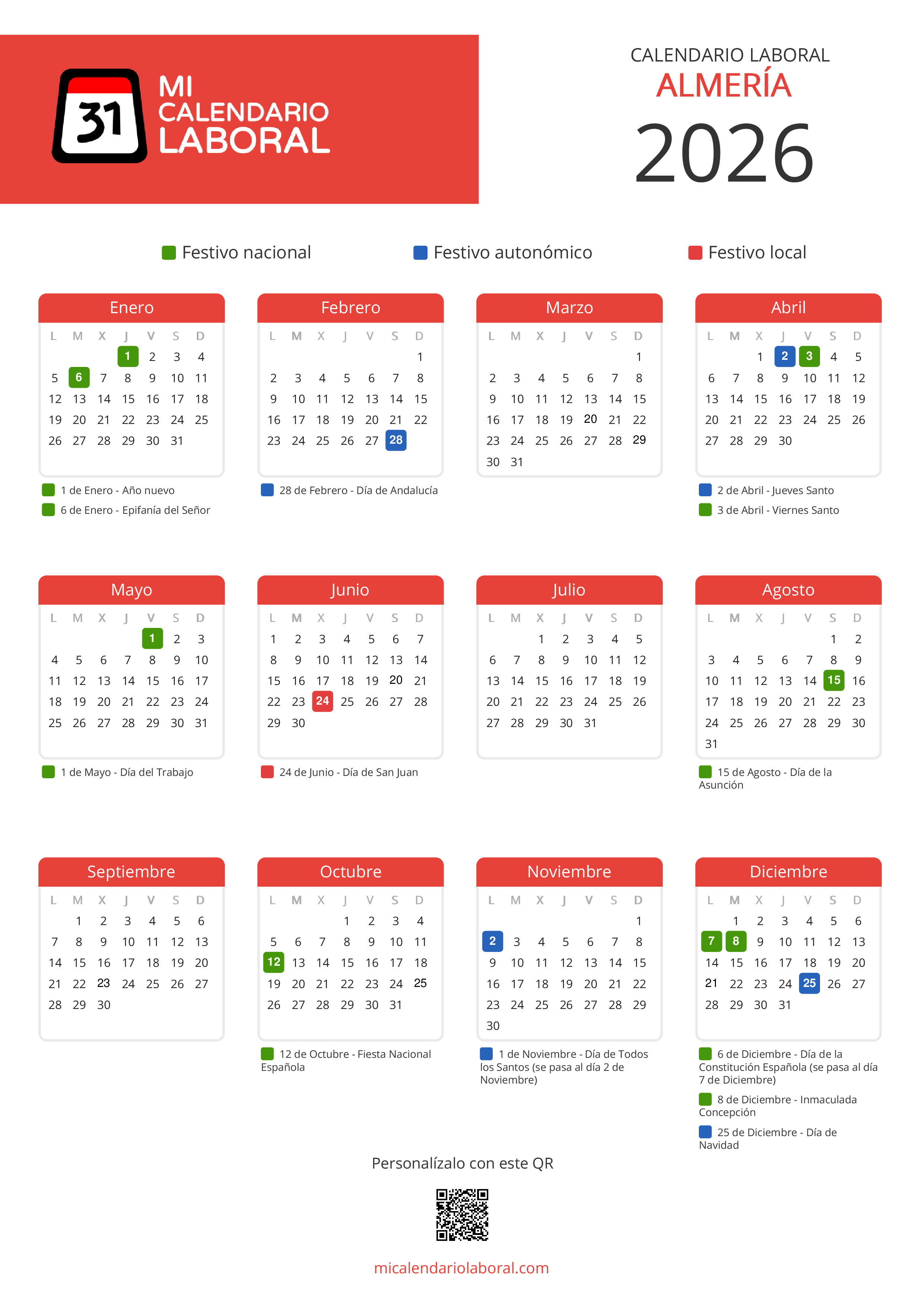 Calendario Laboral de Almería 2026 - Feriados y puentes de Almería formato vertical