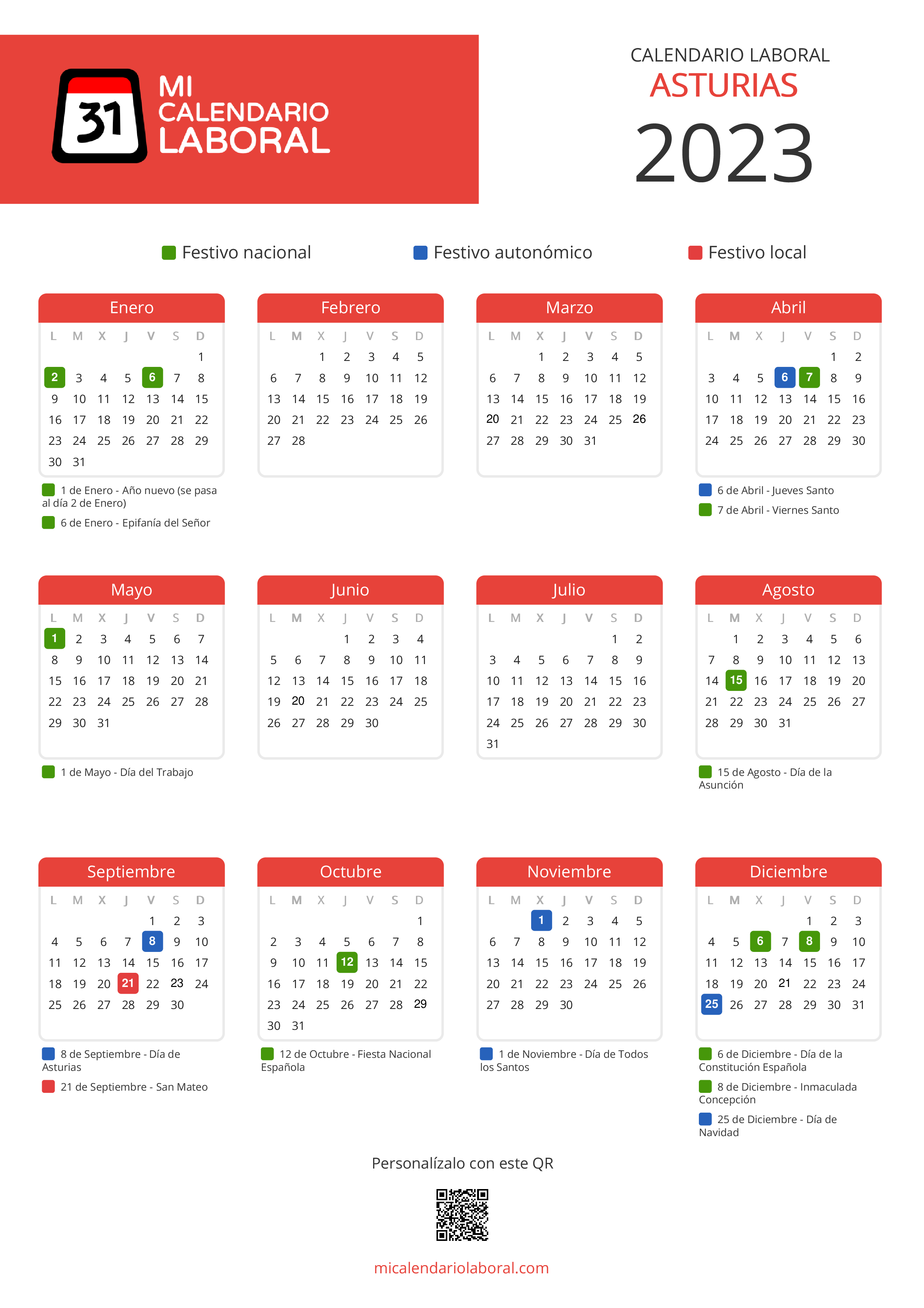 Calendario Laboral de Asturias 2023 - Feriados y puentes de Asturias formato vertical