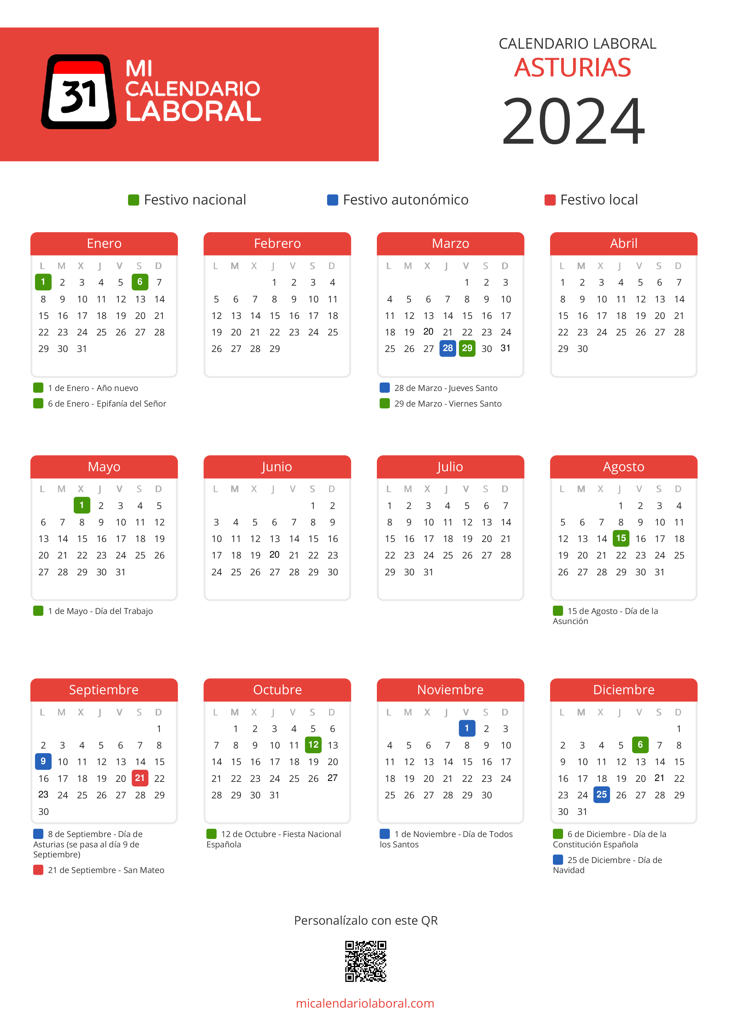 Calendario Laboral de Asturias 2024 - Feriados y puentes de Asturias formato vertical