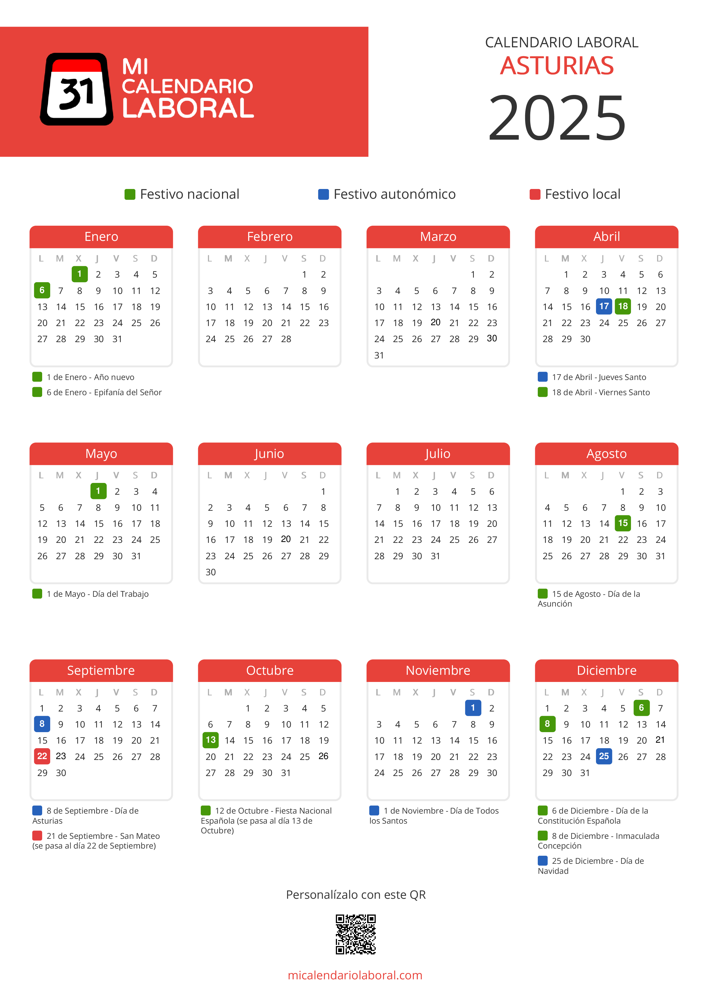 Calendario Laboral de Asturias 2025 - Feriados y puentes de Asturias formato vertical