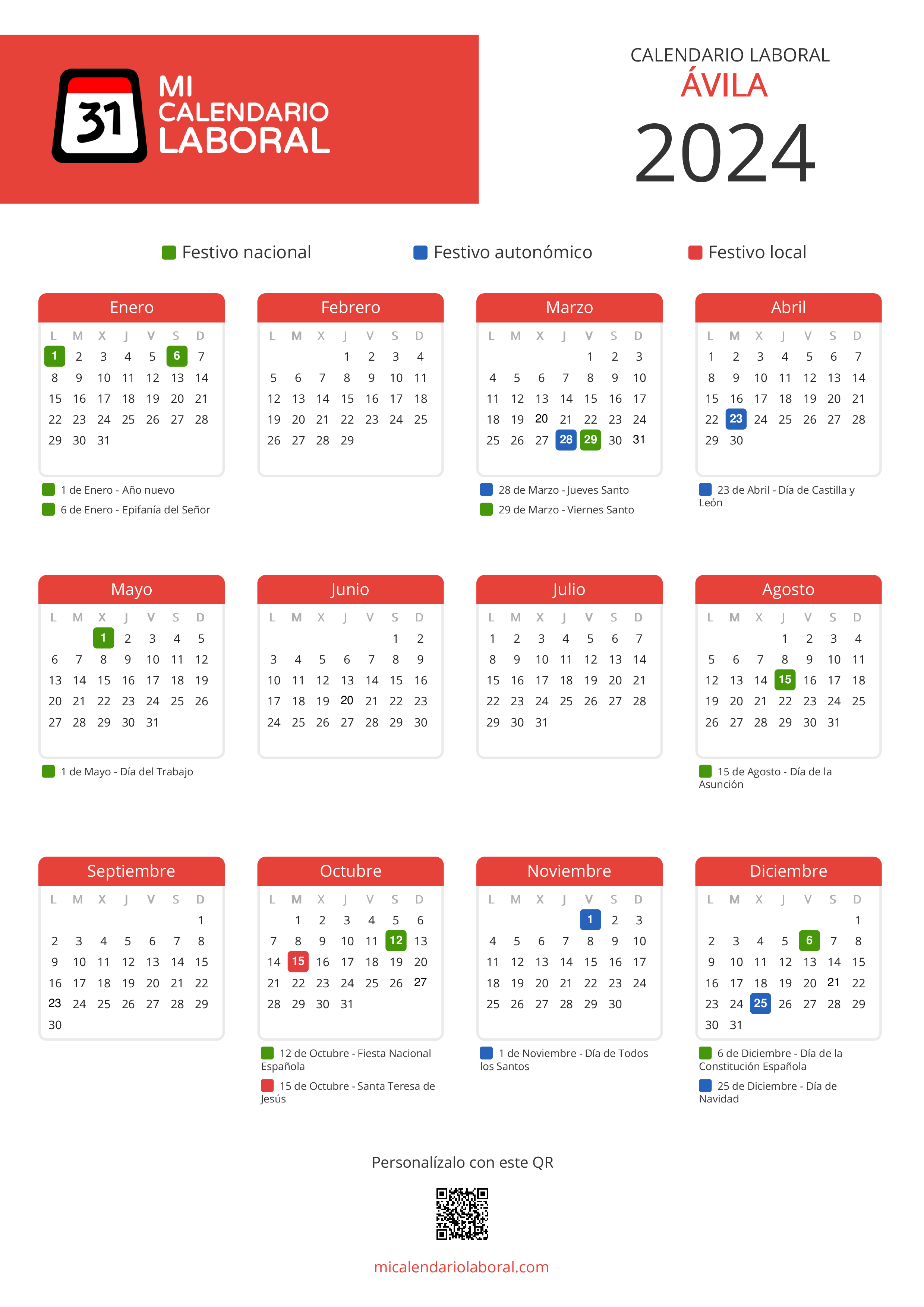 Calendario Laboral de Ávila 2024 - Feriados y puentes de Ávila formato vertical