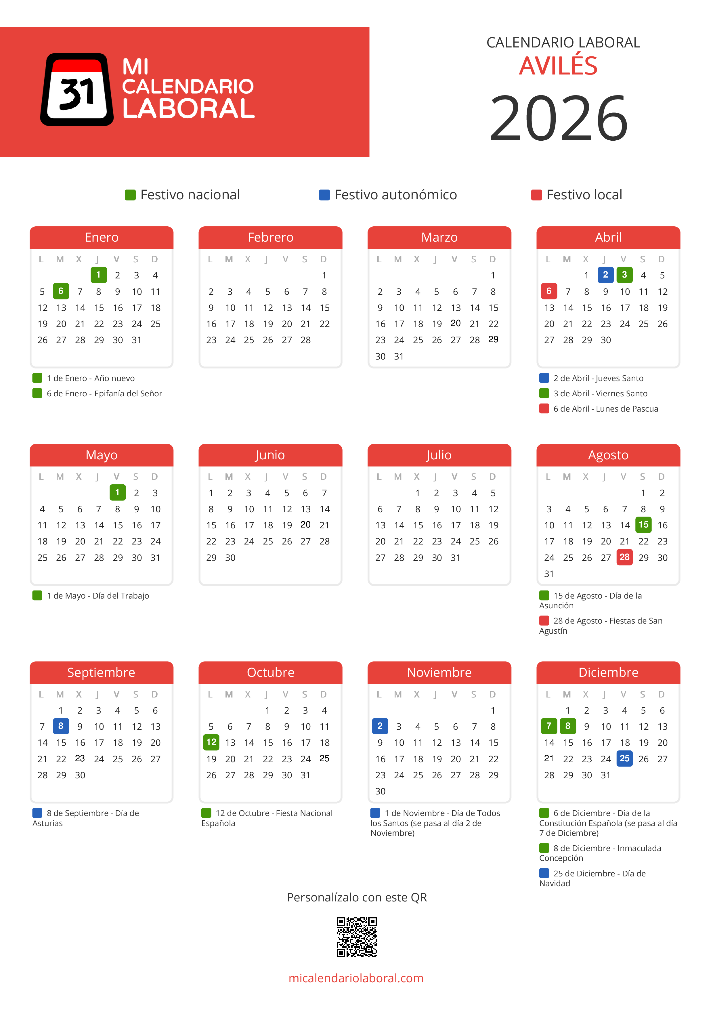Calendario Laboral de Avilés 2026 - Feriados y puentes de Avilés formato vertical