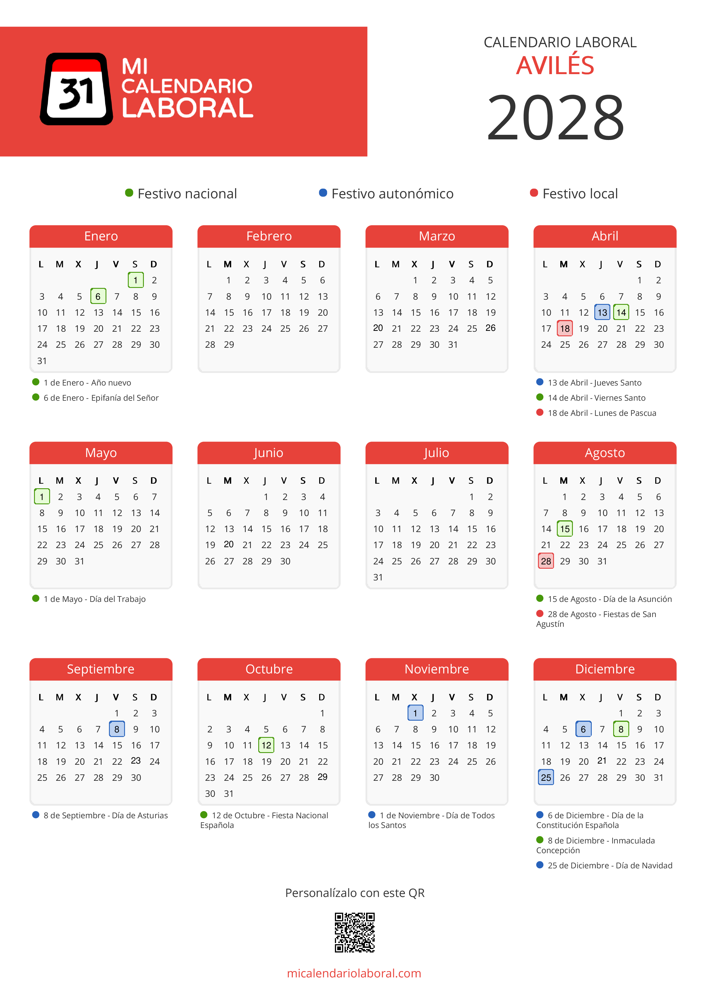 Calendario Laboral de Avilés 2028 - Feriados y puentes de Avilés formato vertical