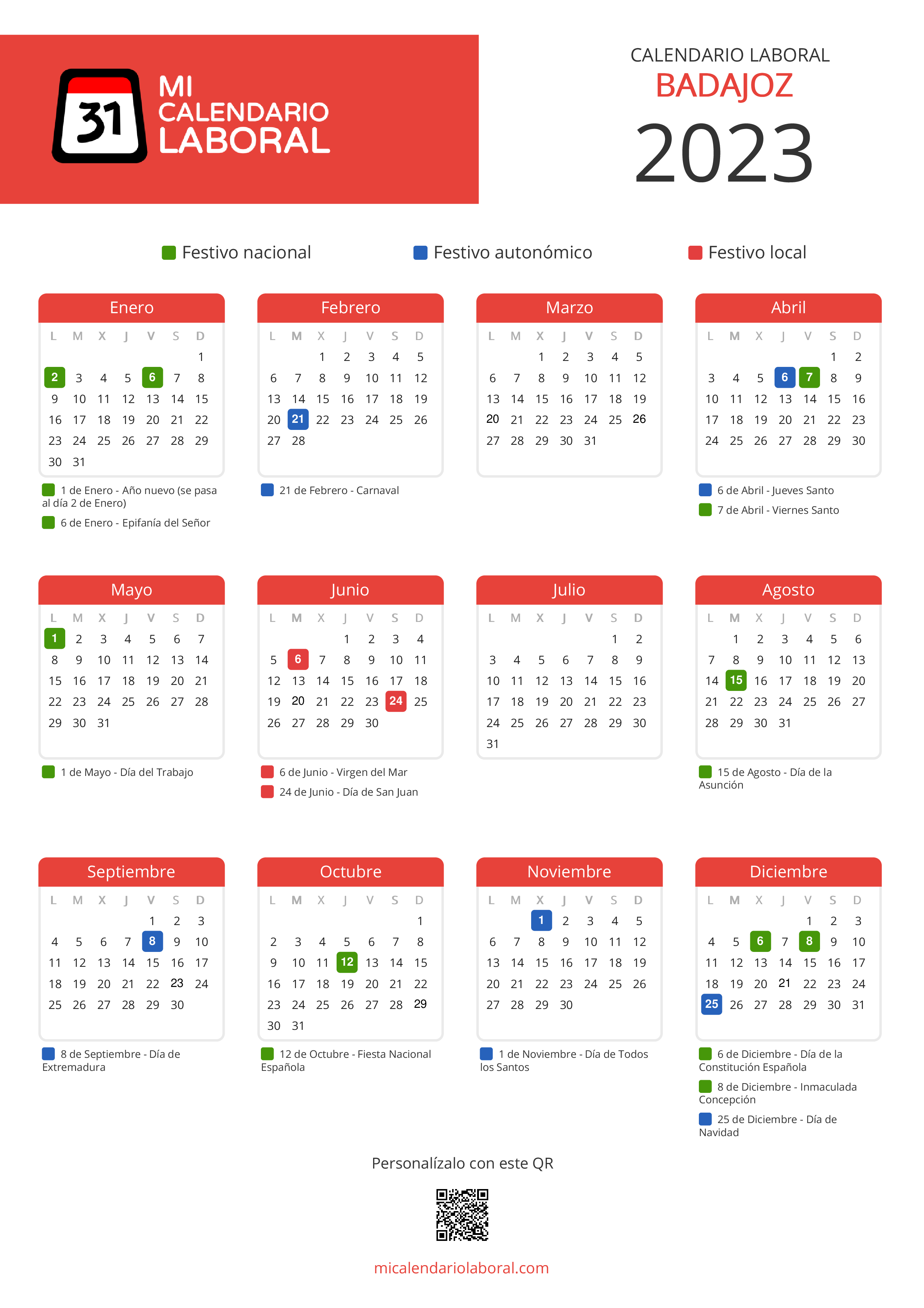 Calendario Laboral de Badajoz 2023 - Feriados y puentes de Badajoz formato vertical