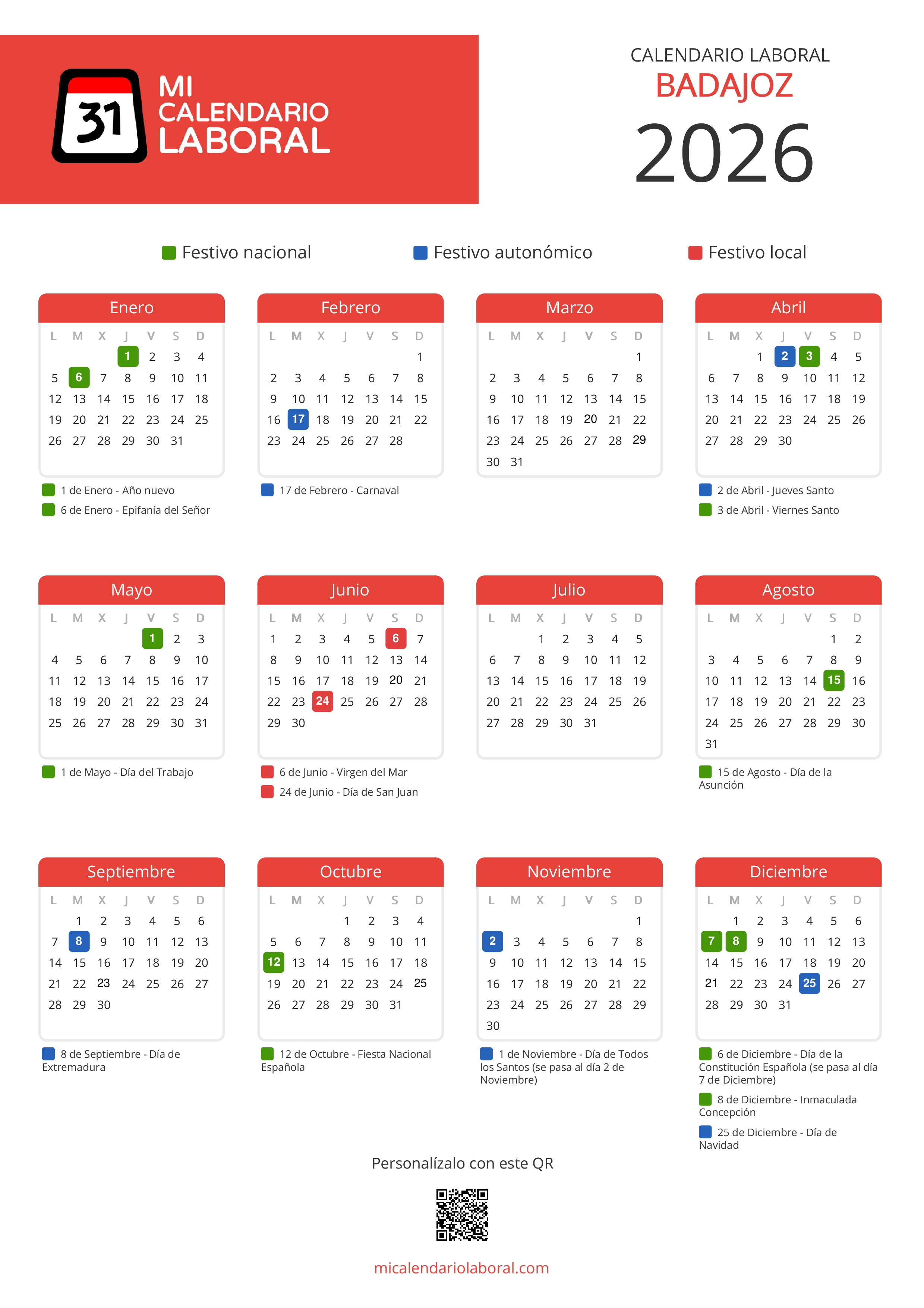 Calendario Laboral de Badajoz 2026 - Feriados y puentes de Badajoz formato vertical