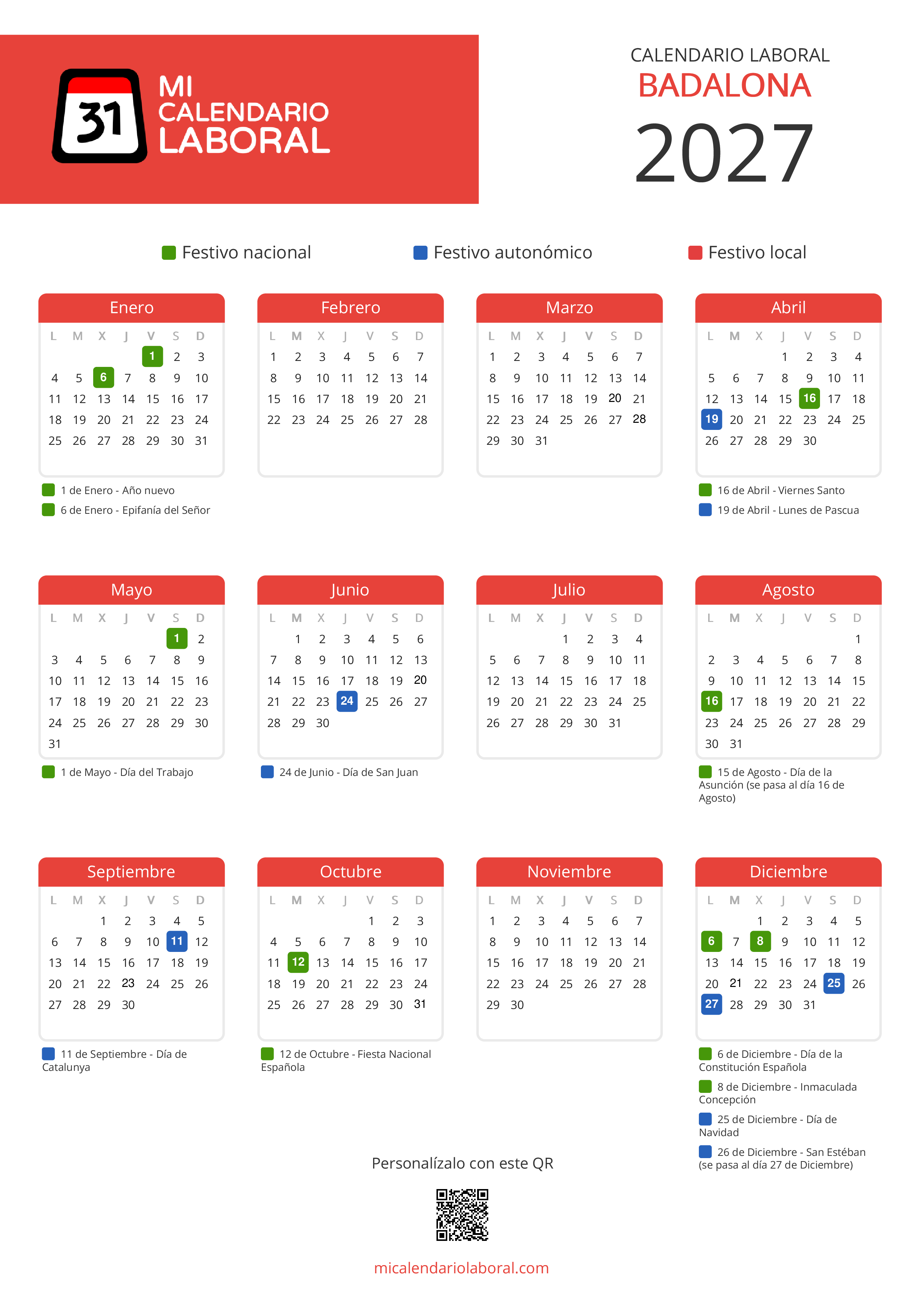 Calendario Laboral de Badalona 2027 - Feriados y puentes de Badalona formato vertical