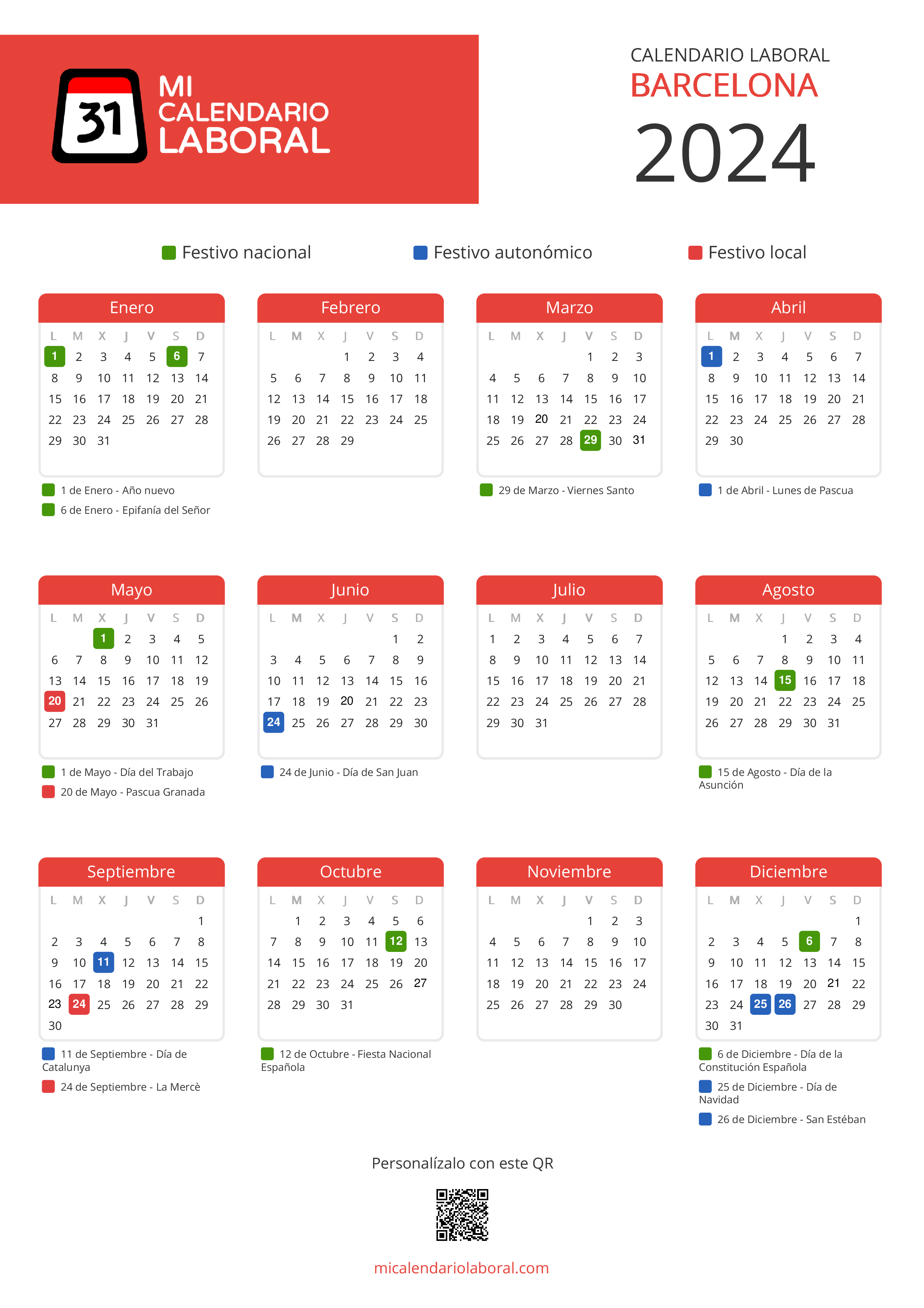 Calendario Laboral de Barcelona 2024 - Feriados y puentes de Barcelona formato vertical