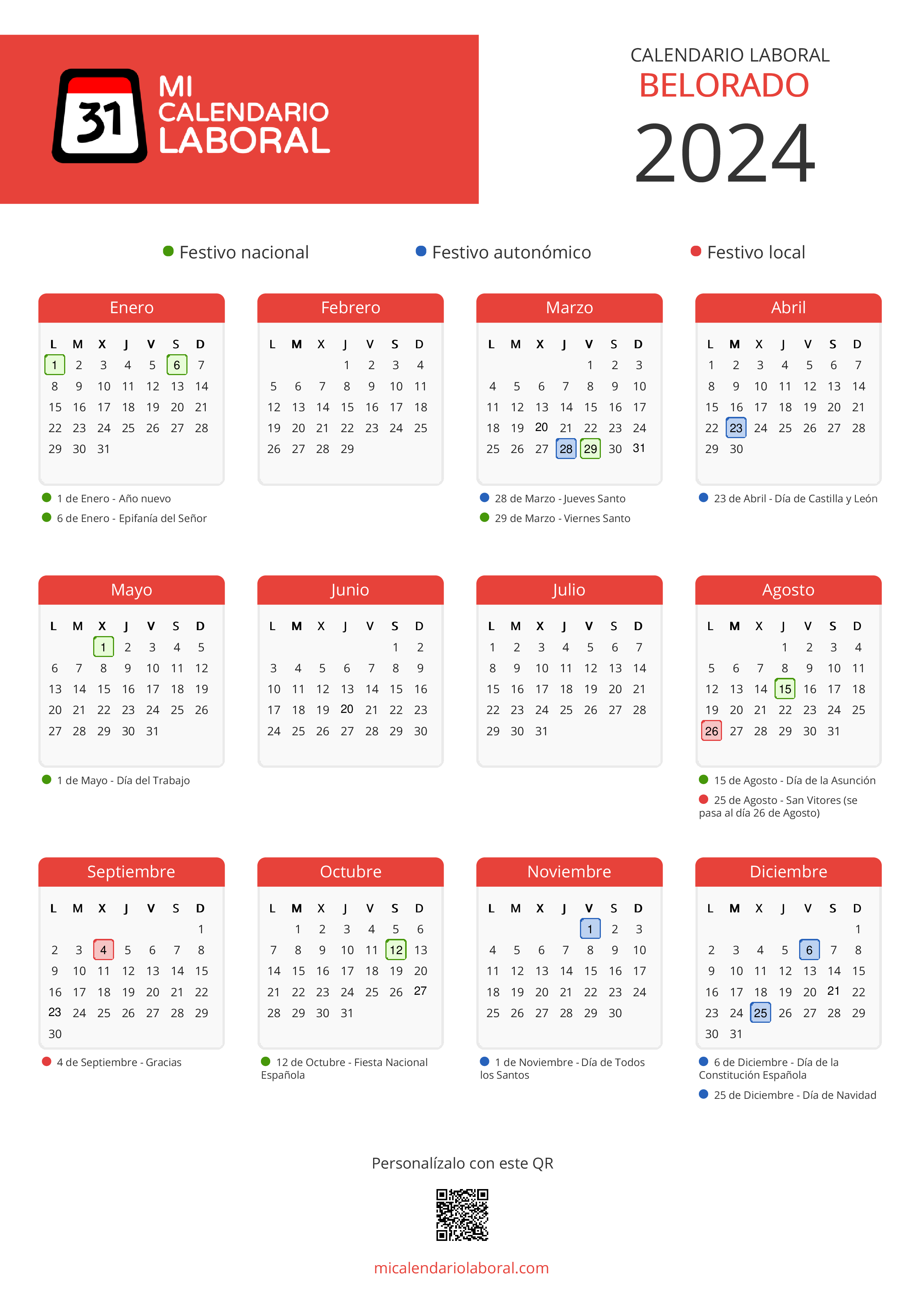 Calendario Laboral de Belorado 2024 - Feriados y puentes de Belorado formato vertical