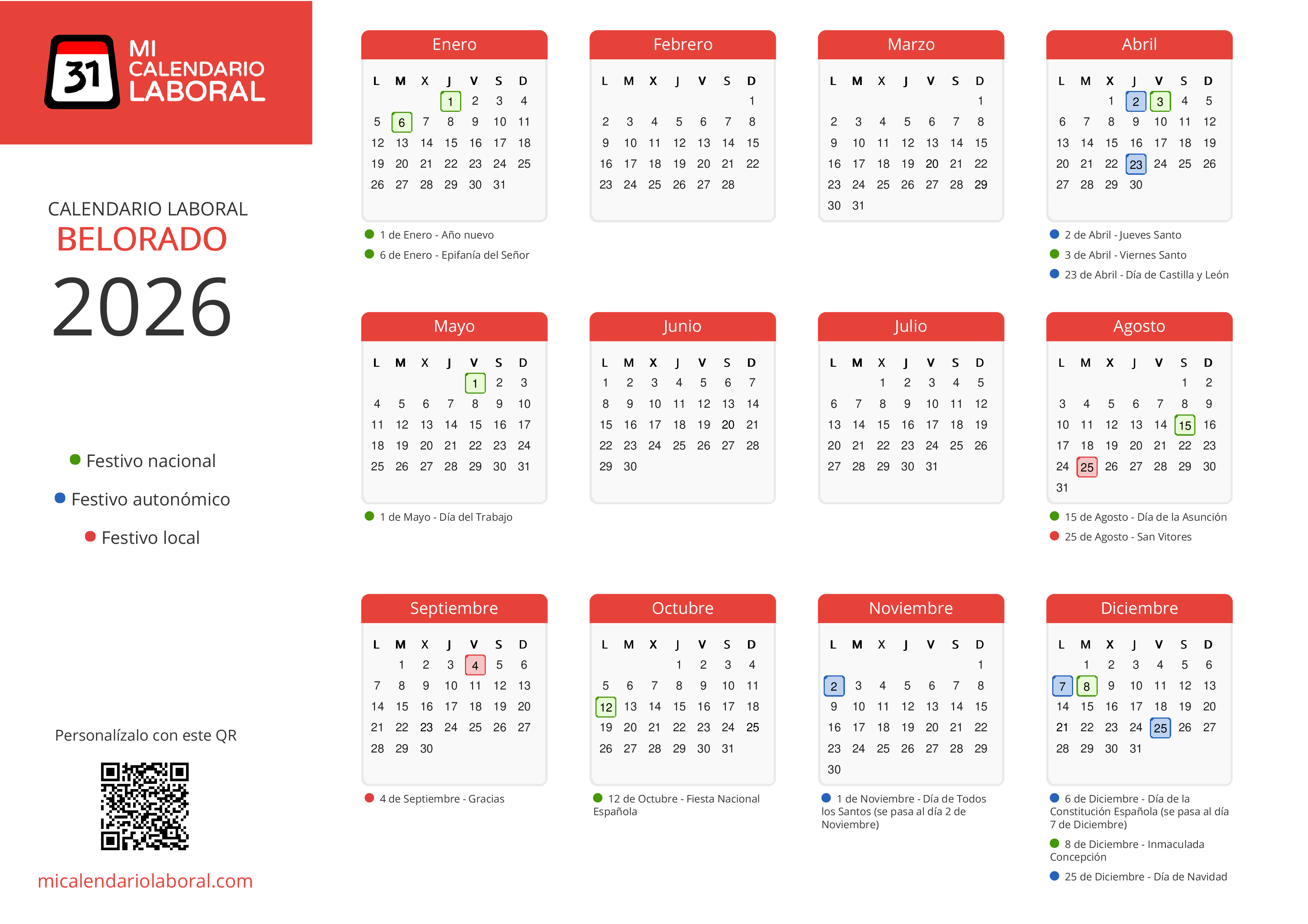 Calendario Laboral de Belorado 2026 - Feriados y puentes de Belorado