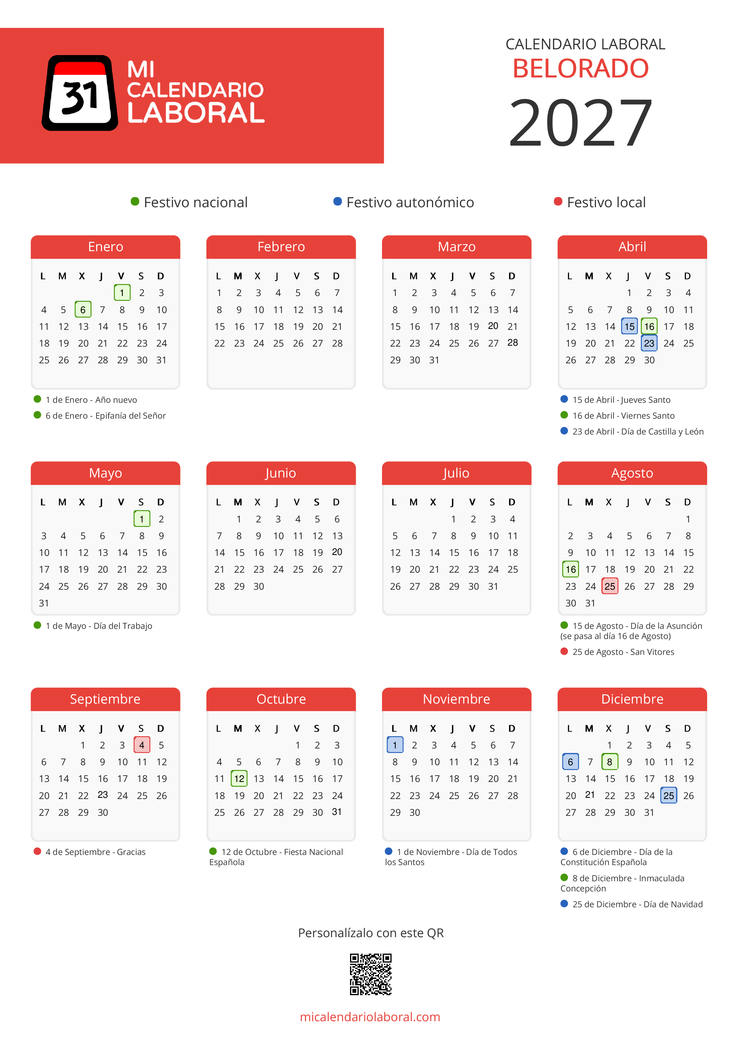 Calendario Laboral de Belorado 2027 - Feriados y puentes de Belorado formato vertical