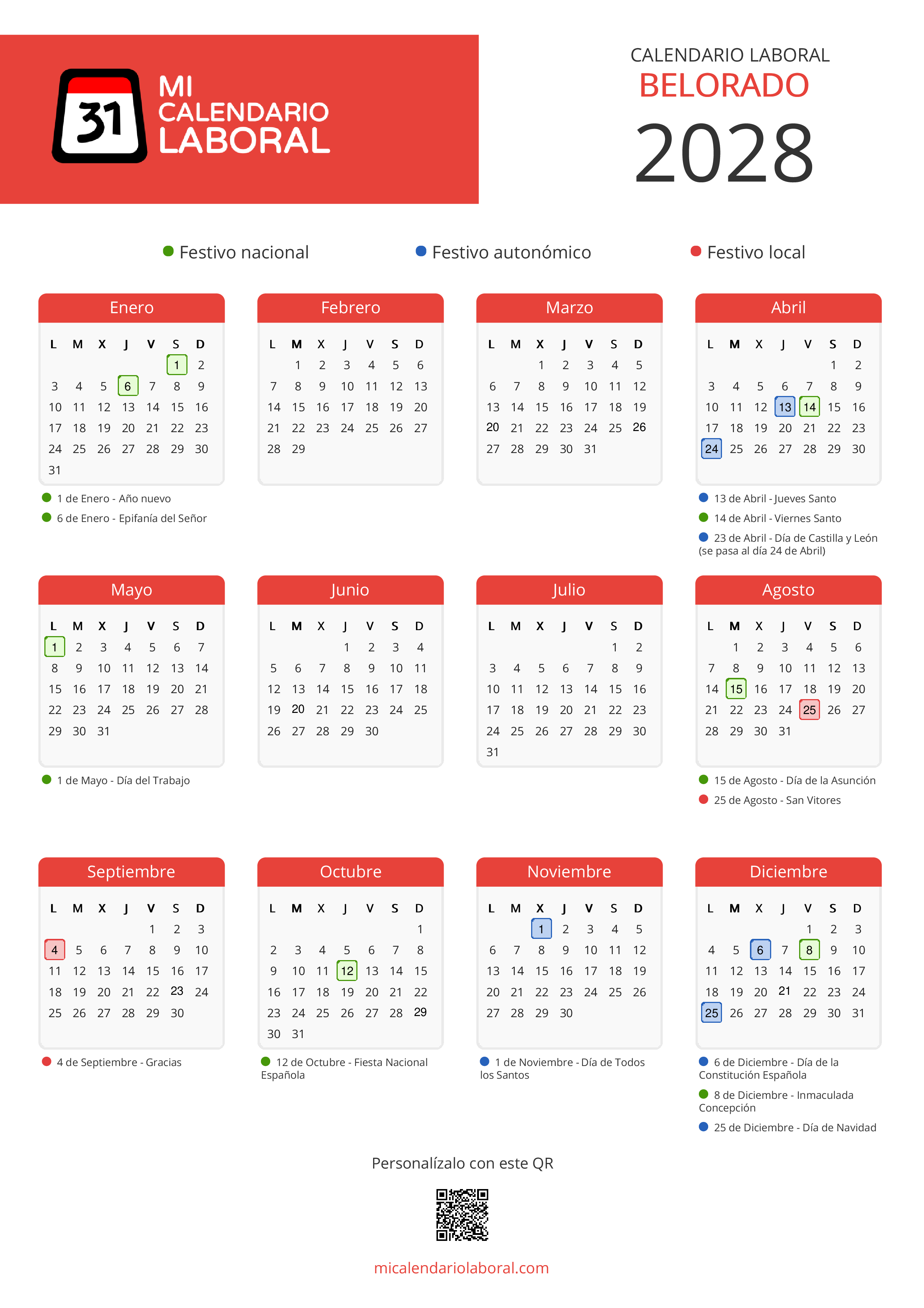 Calendario Laboral de Belorado 2028 - Feriados y puentes de Belorado formato vertical