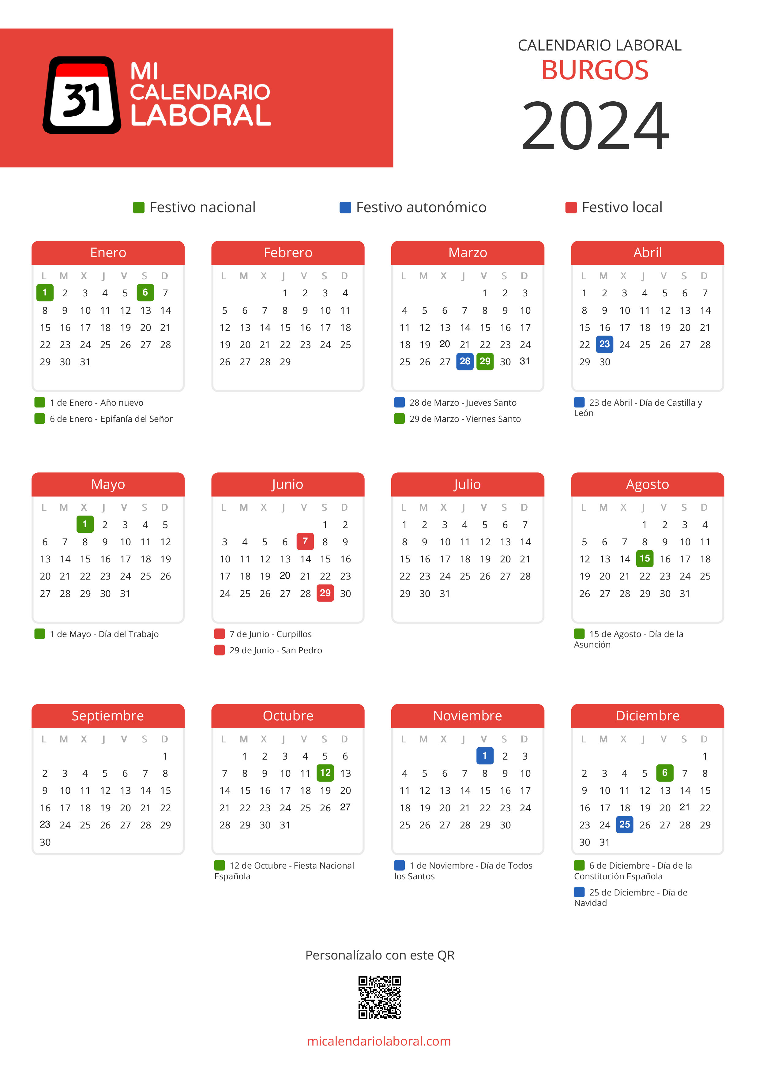 Calendario Laboral de Burgos 2024 - Feriados y puentes de Burgos formato vertical