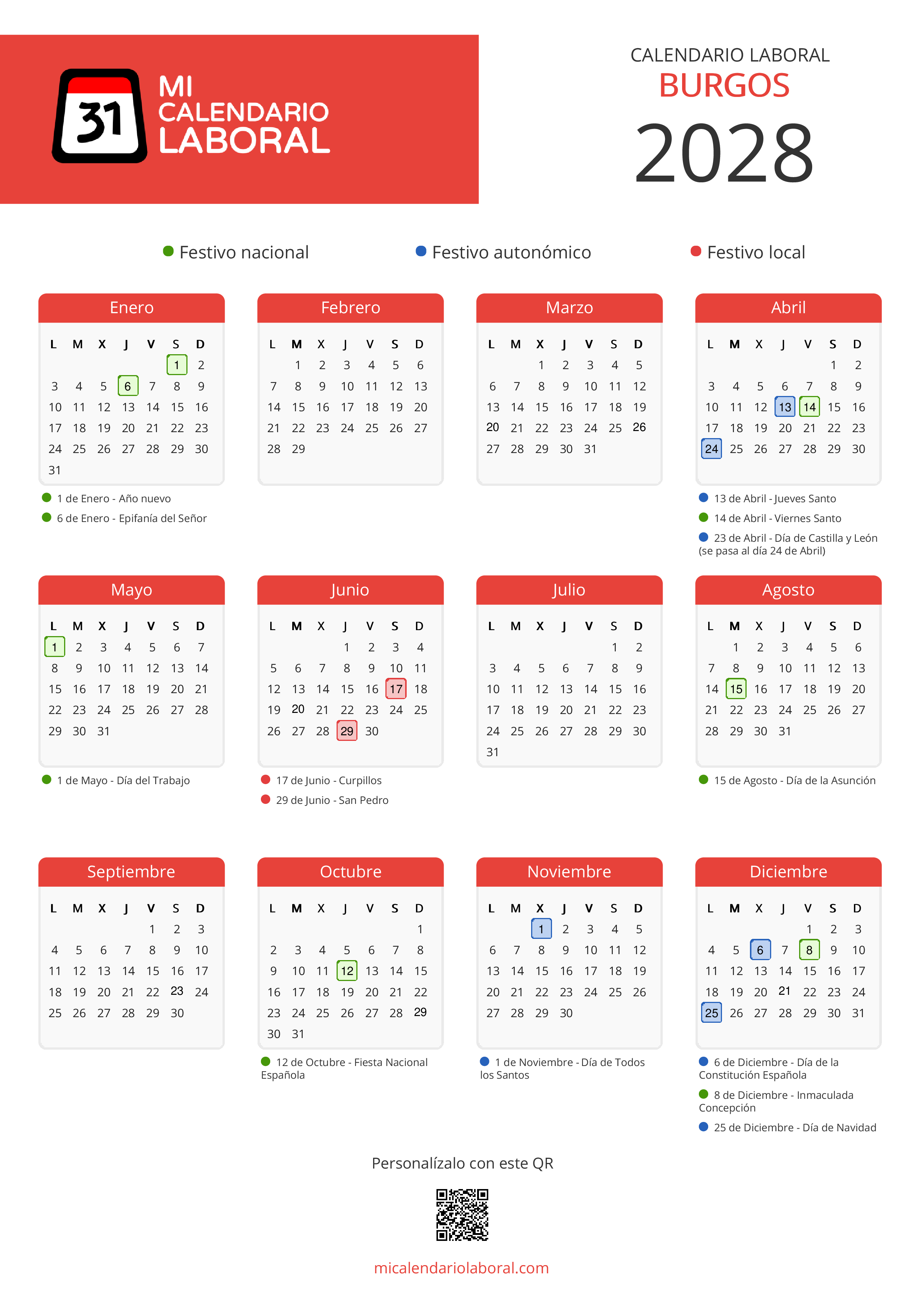 Calendario Laboral de Burgos 2028 - Feriados y puentes de Burgos formato vertical