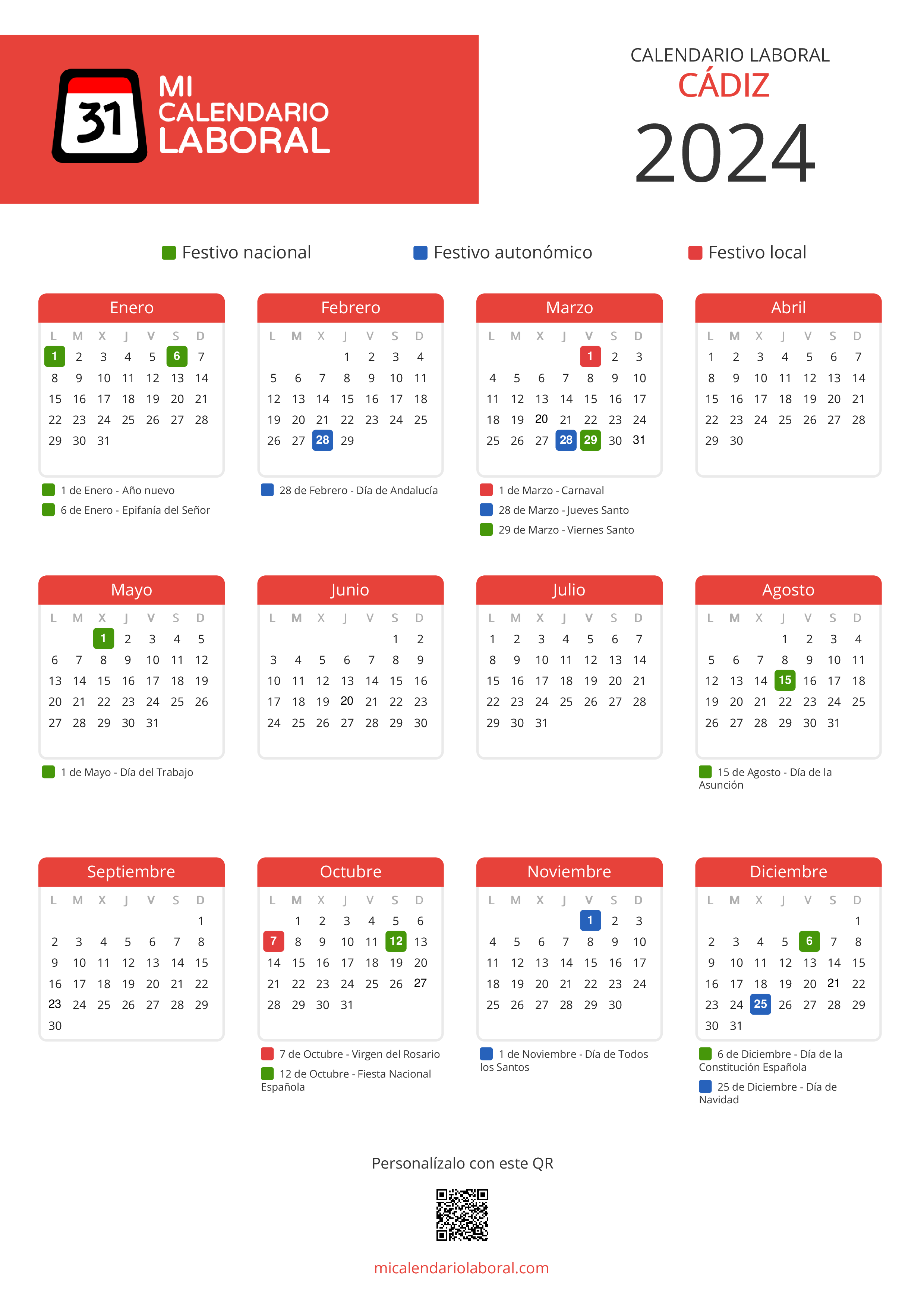 Calendario Laboral de Cádiz 2024 - Feriados y puentes de Cádiz formato vertical