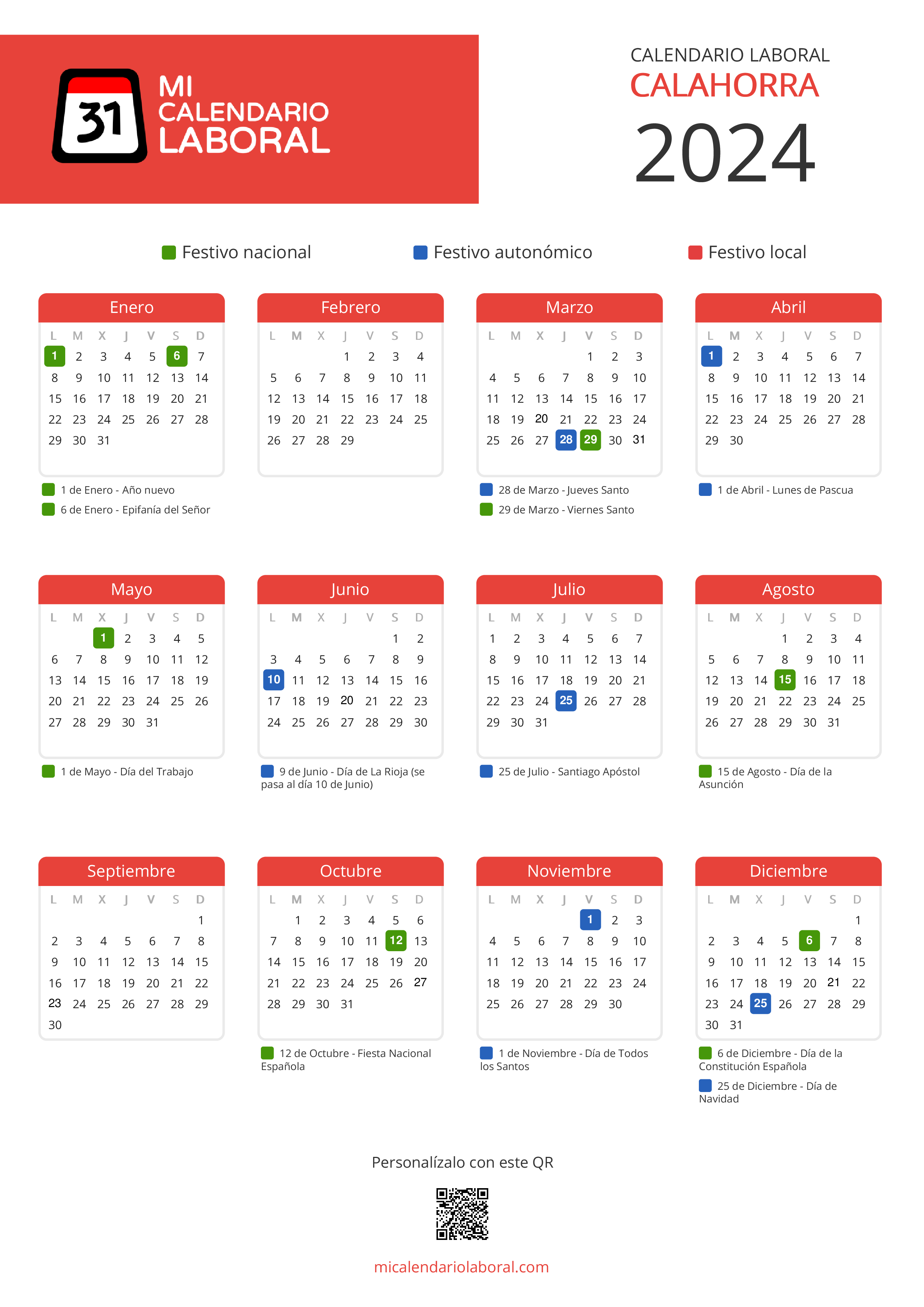 Calendario Laboral de Calahorra 2024 - Feriados y puentes de Calahorra formato vertical