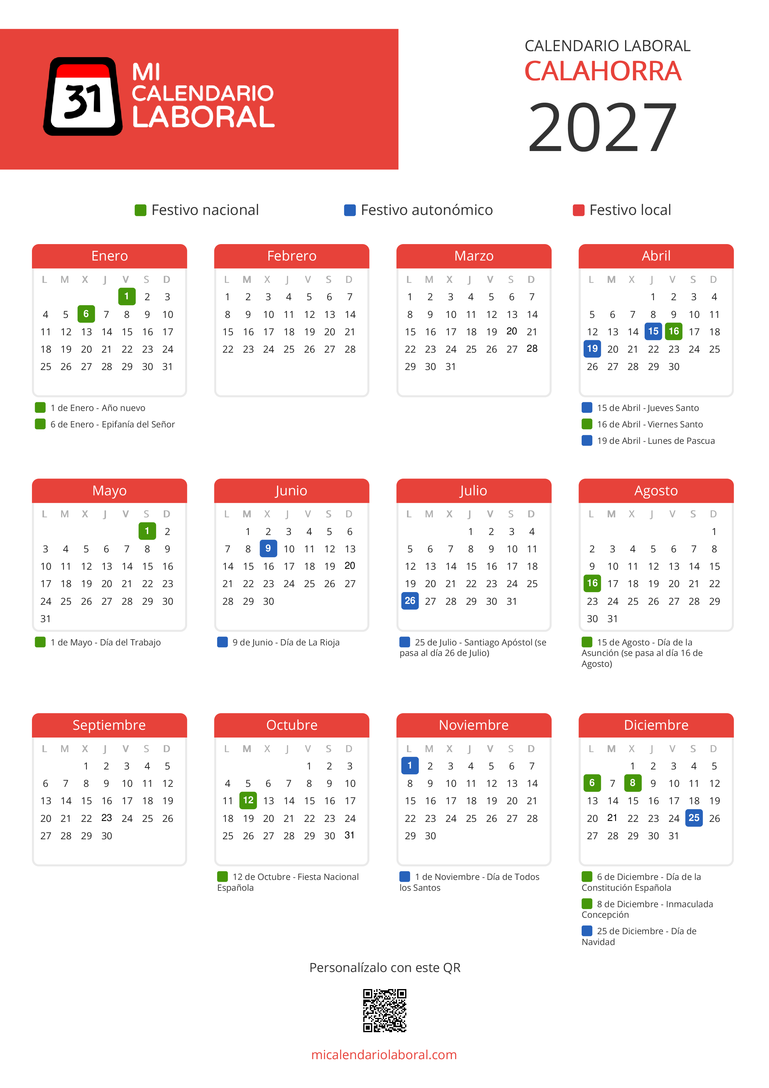 Calendario Laboral de Calahorra 2027 - Feriados y puentes de Calahorra formato vertical