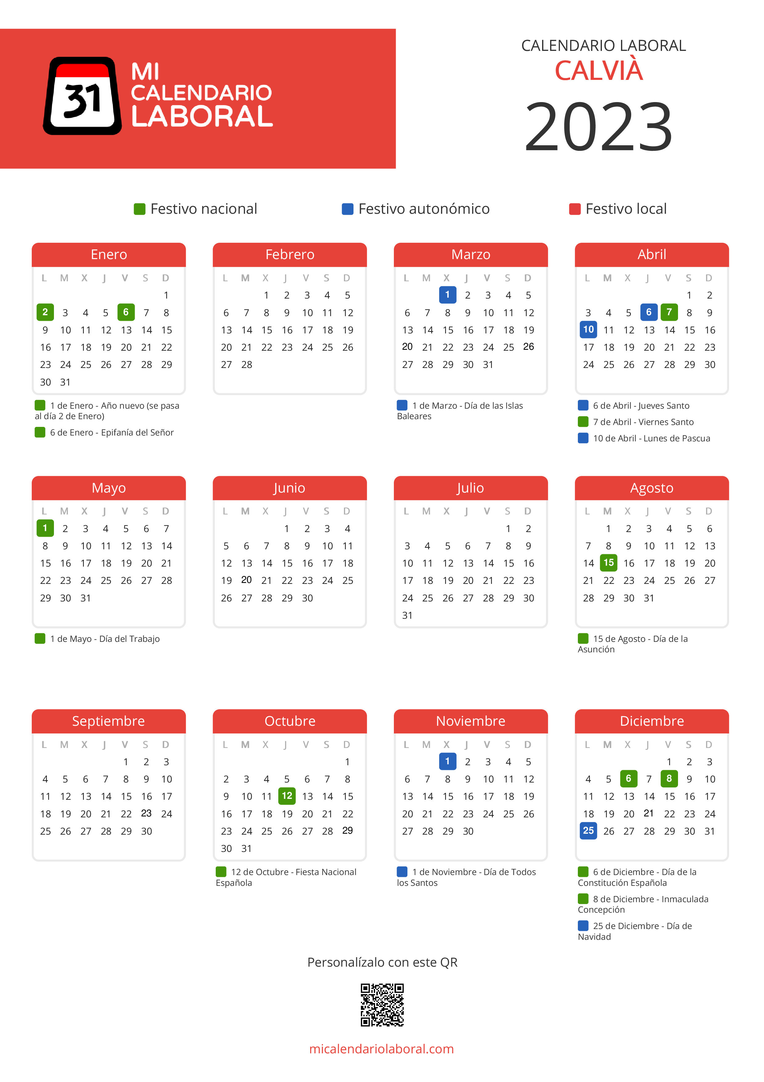 Calendario Laboral de Calvià 2023 - Feriados y puentes de Calvià formato vertical