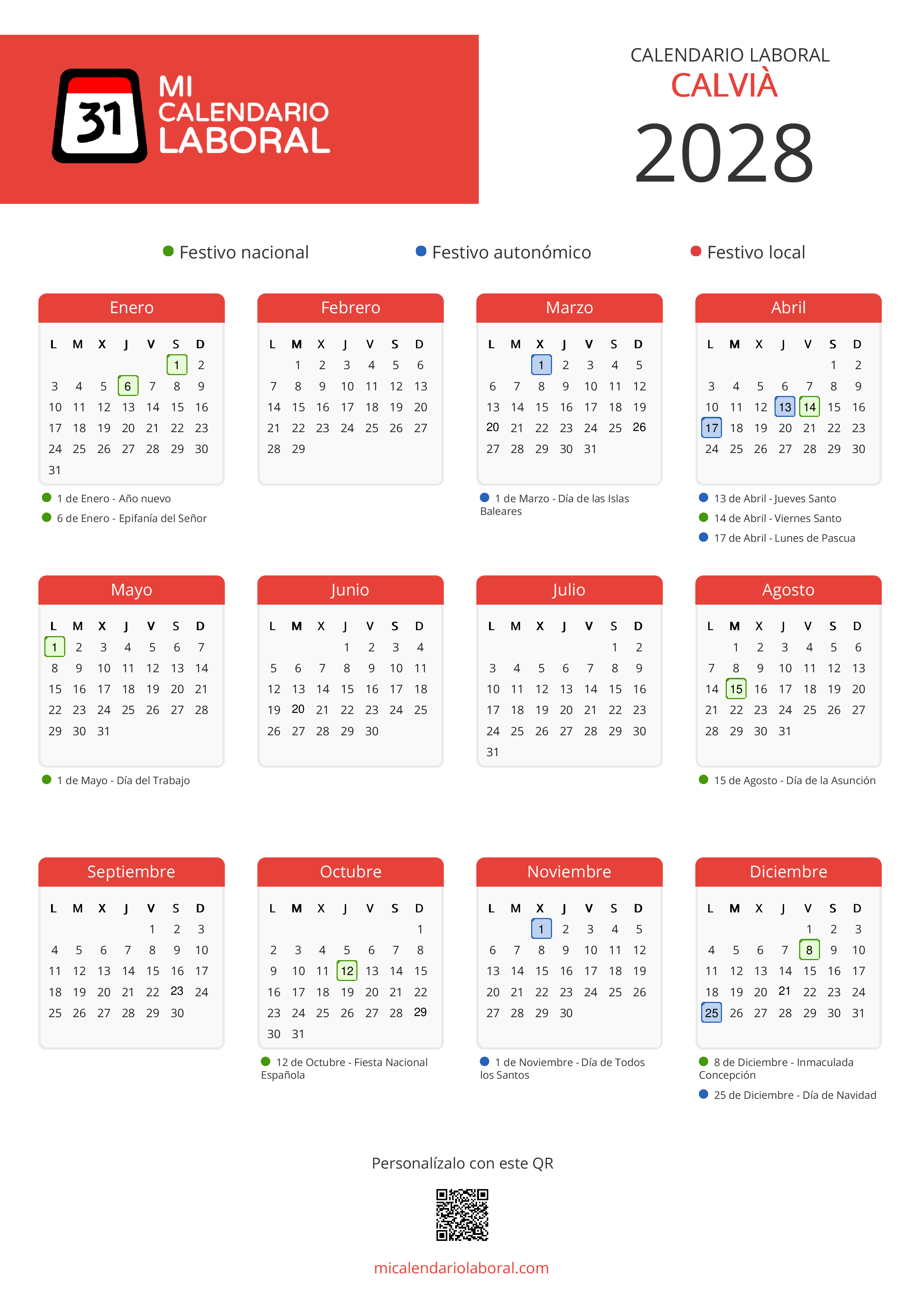 Calendario Laboral de Calvià 2028 - Feriados y puentes de Calvià formato vertical