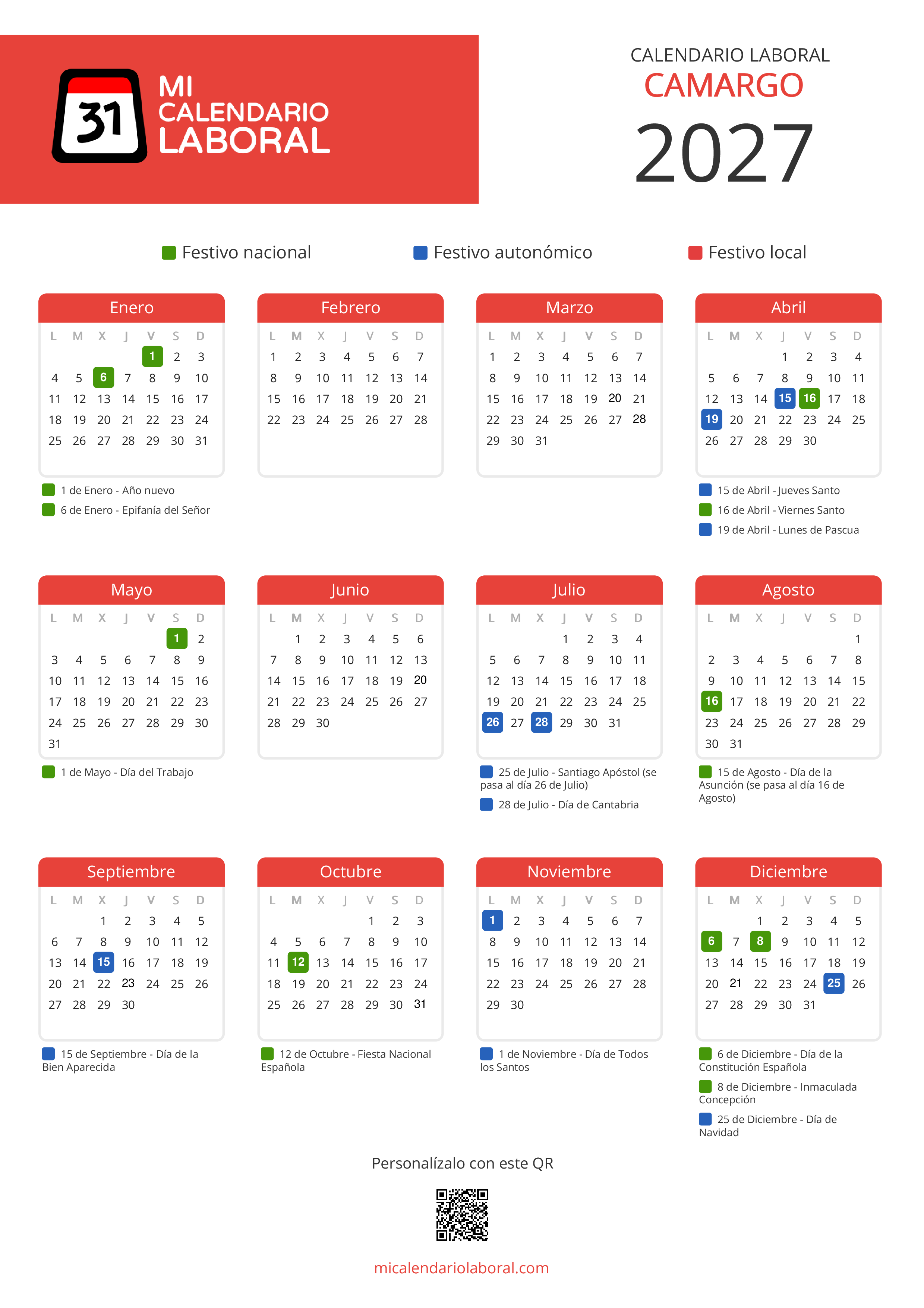 Calendario Laboral de Camargo 2027 - Feriados y puentes de Camargo formato vertical