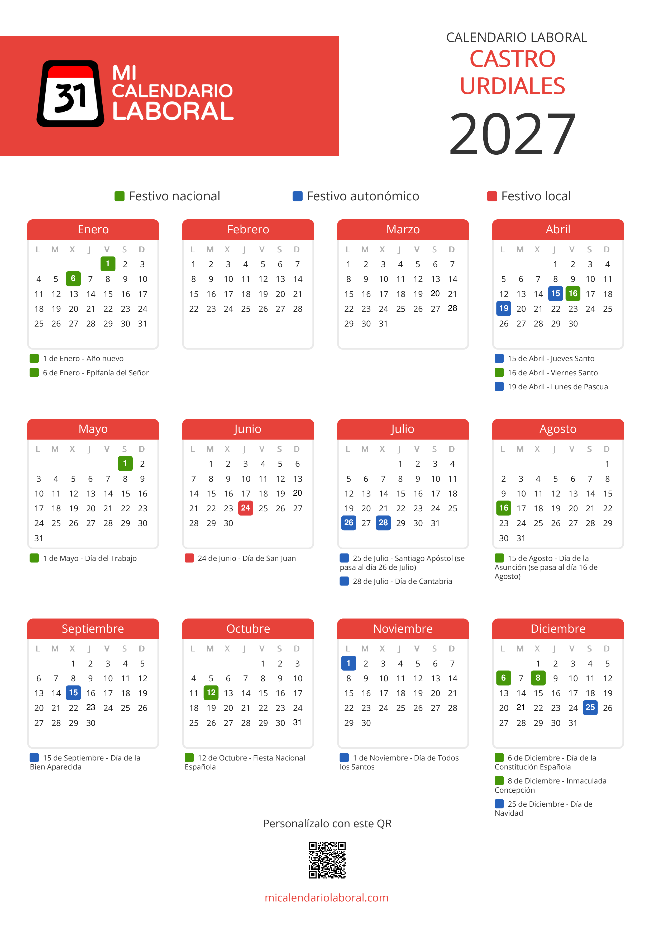 Calendario Laboral de Castro Urdiales 2027 - Feriados y puentes de Castro Urdiales formato vertical