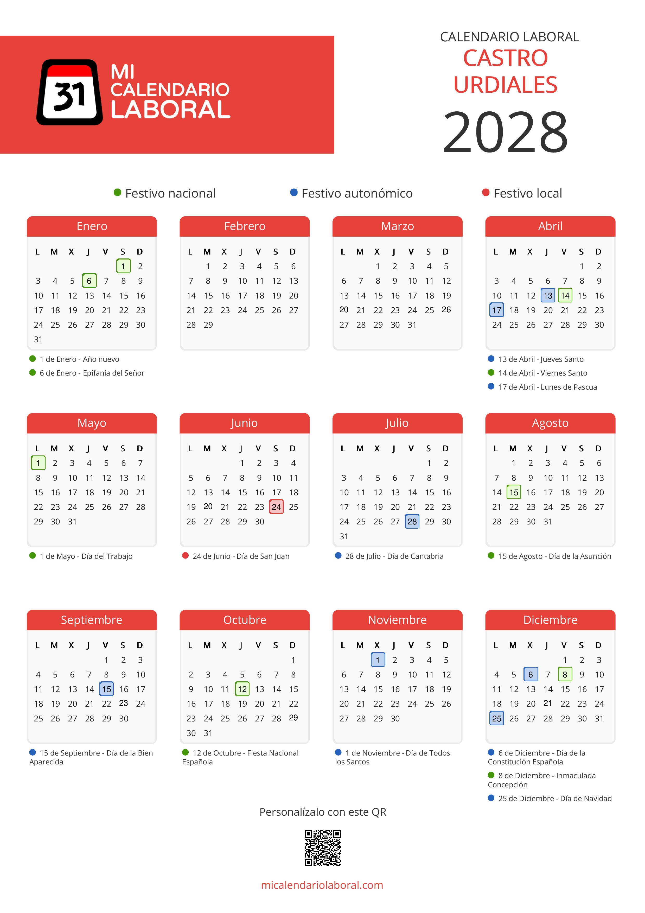Calendario Laboral de Castro Urdiales 2028 - Feriados y puentes de Castro Urdiales formato vertical