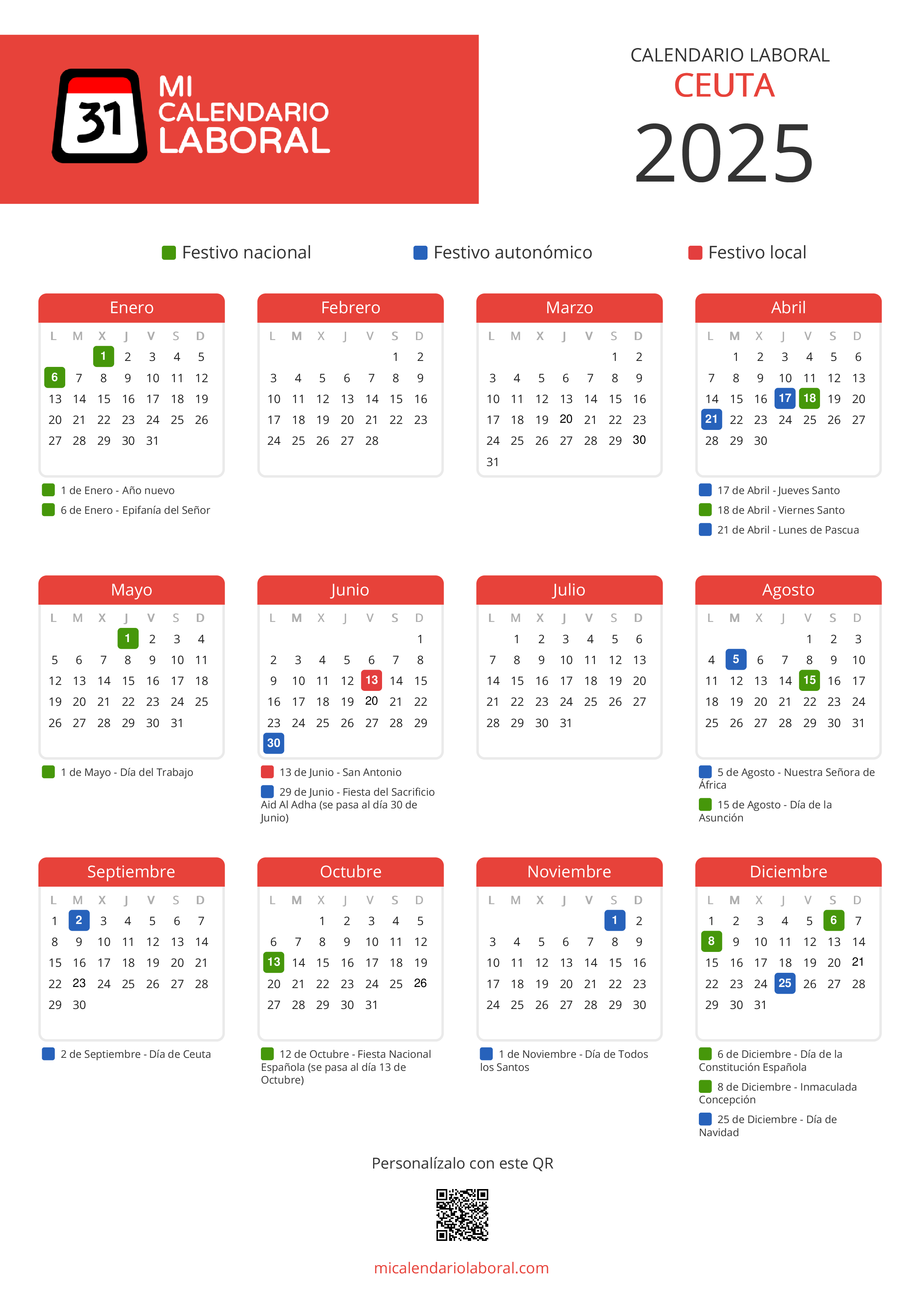 Calendario Laboral de Ceuta 2025 - Feriados y puentes de Ceuta formato vertical