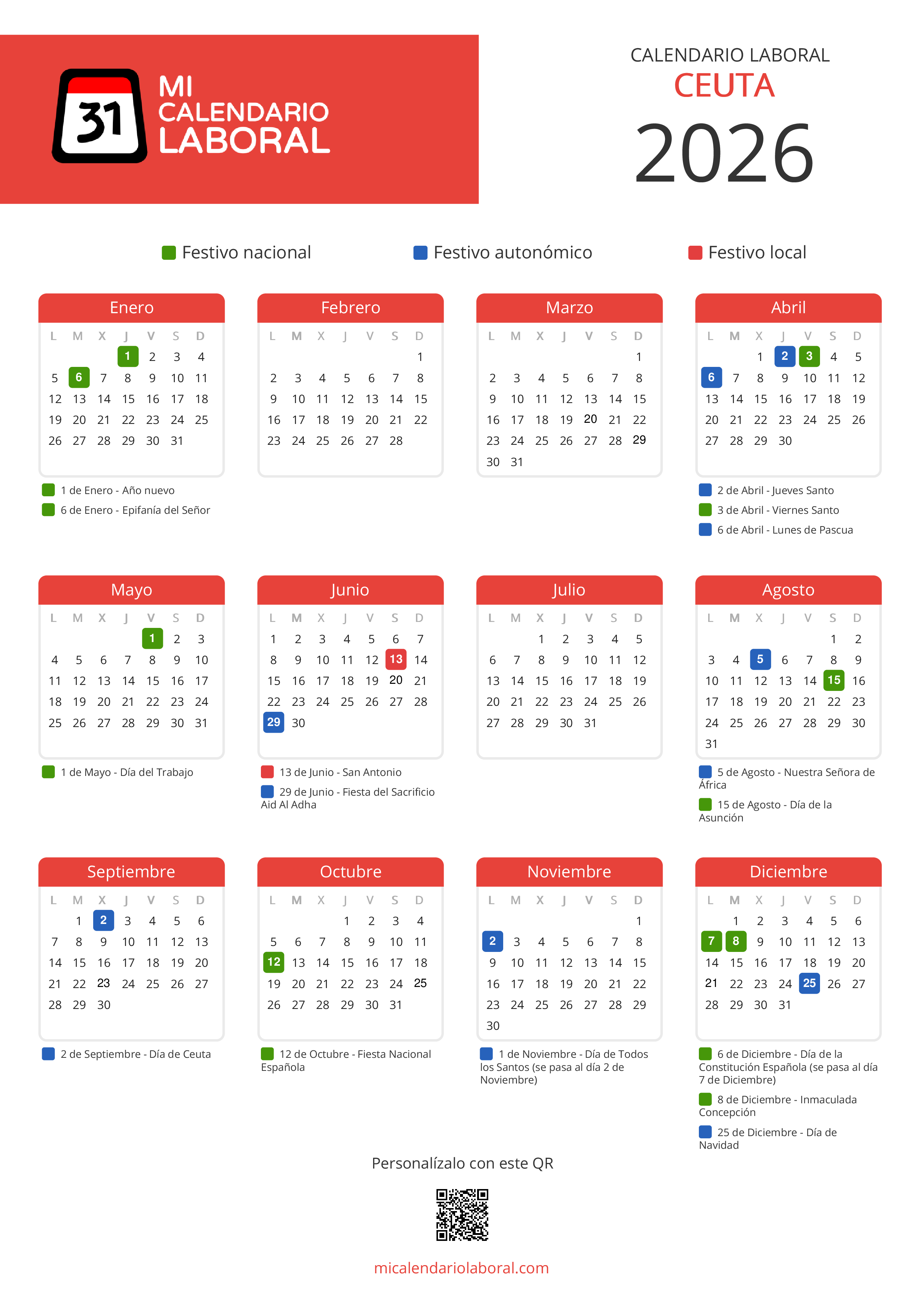 Calendario Laboral de Ceuta 2026 - Feriados y puentes de Ceuta formato vertical