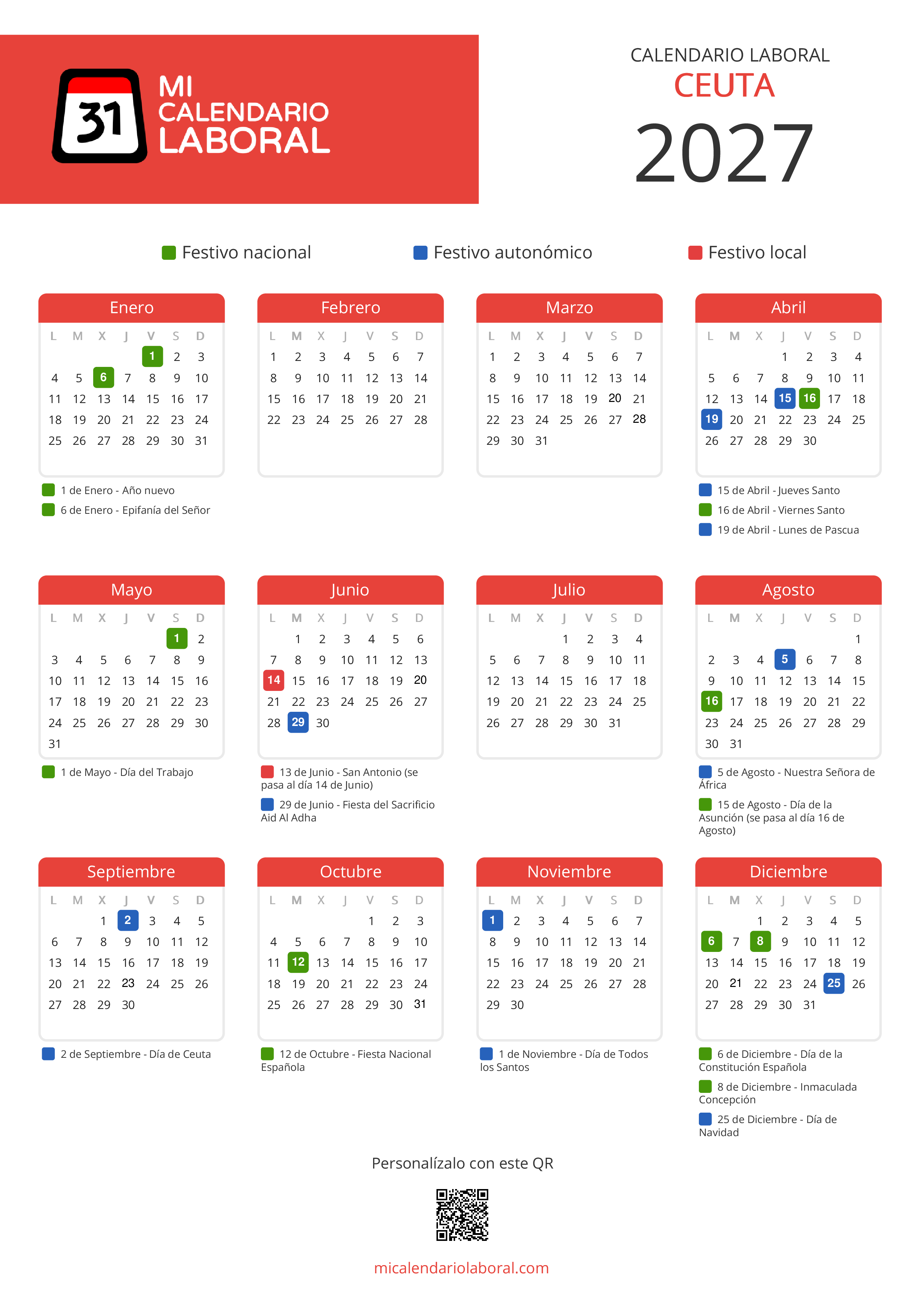 Calendario Laboral de Ceuta 2027 - Feriados y puentes de Ceuta formato vertical