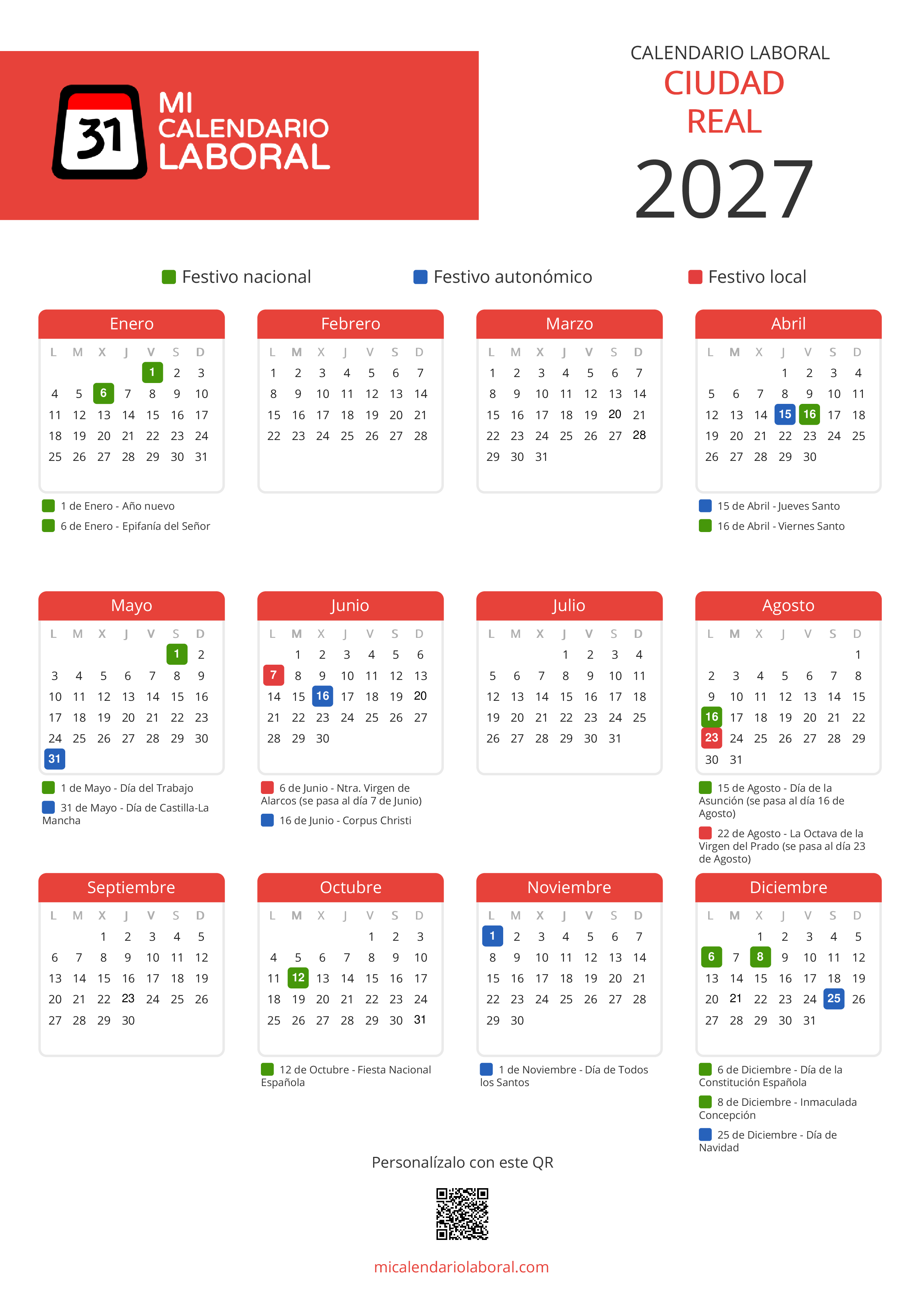 Calendario Laboral de Ciudad Real 2027 - Feriados y puentes de Ciudad Real formato vertical