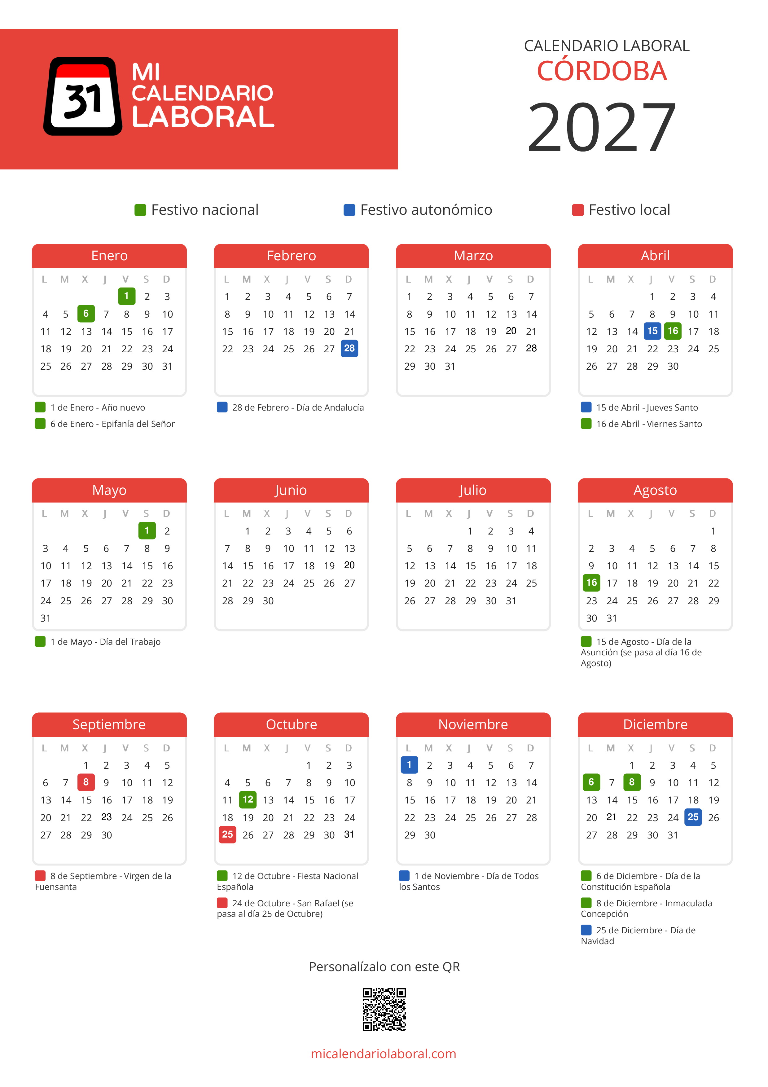 Calendario Laboral de Córdoba 2027 - Feriados y puentes de Córdoba formato vertical