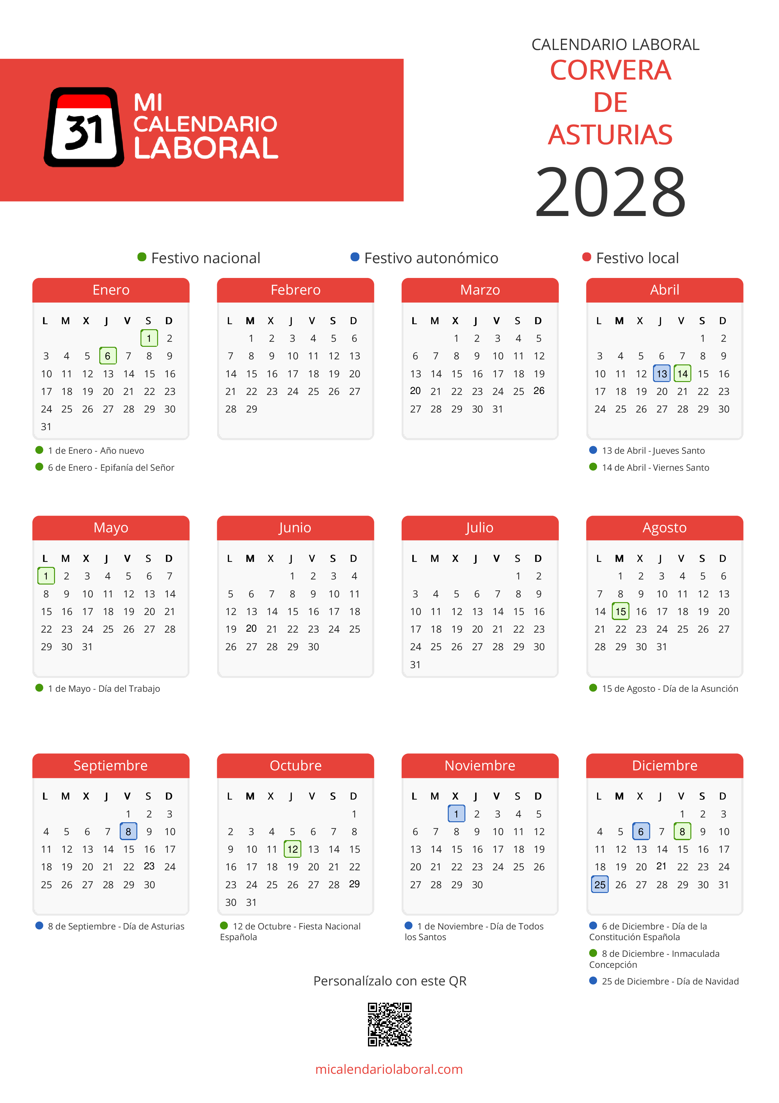 Calendario Laboral de Corvera de Asturias 2028 - Feriados y puentes de Corvera de Asturias formato vertical