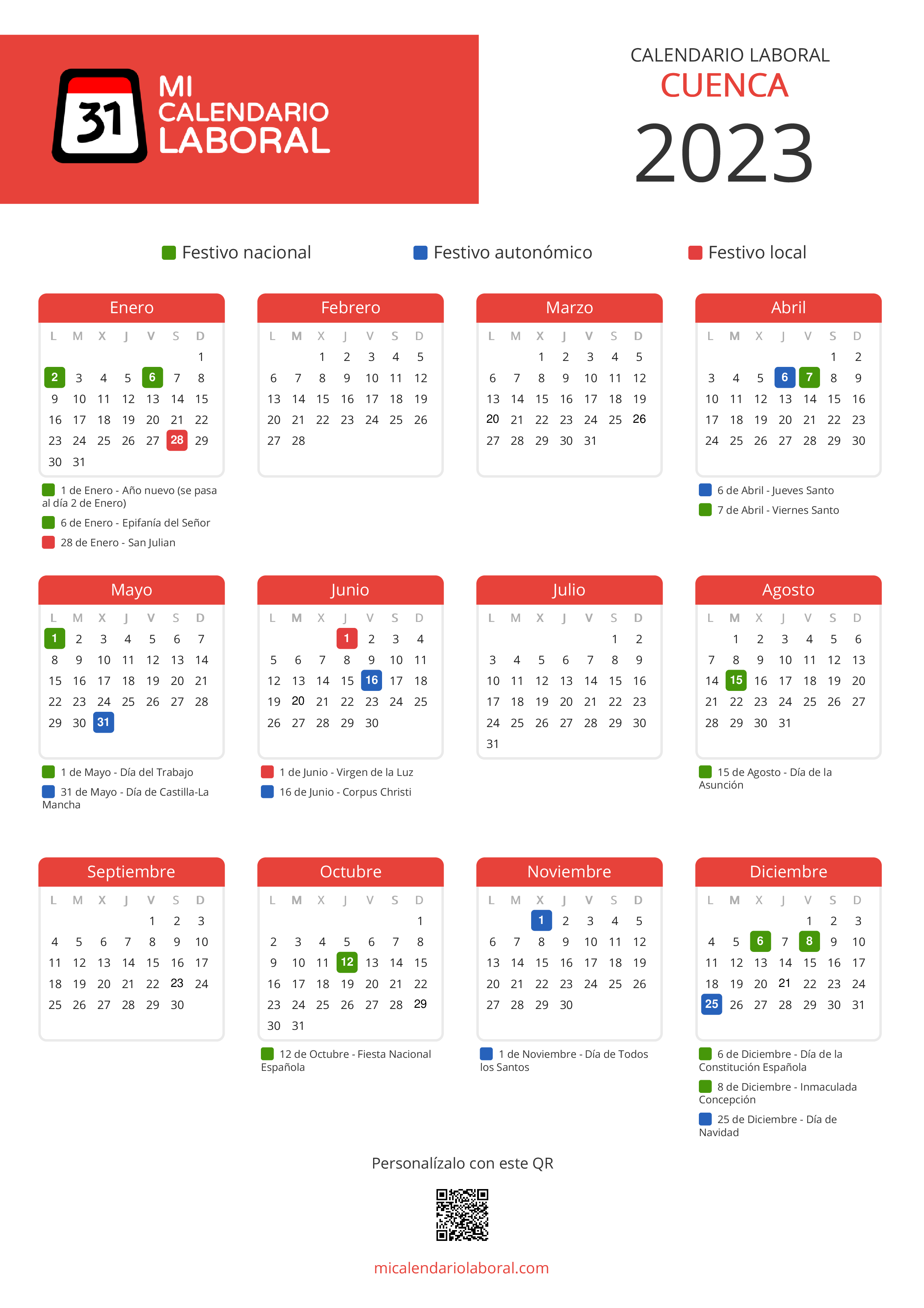 Calendario Laboral de Cuenca 2023 - Feriados y puentes de Cuenca formato vertical