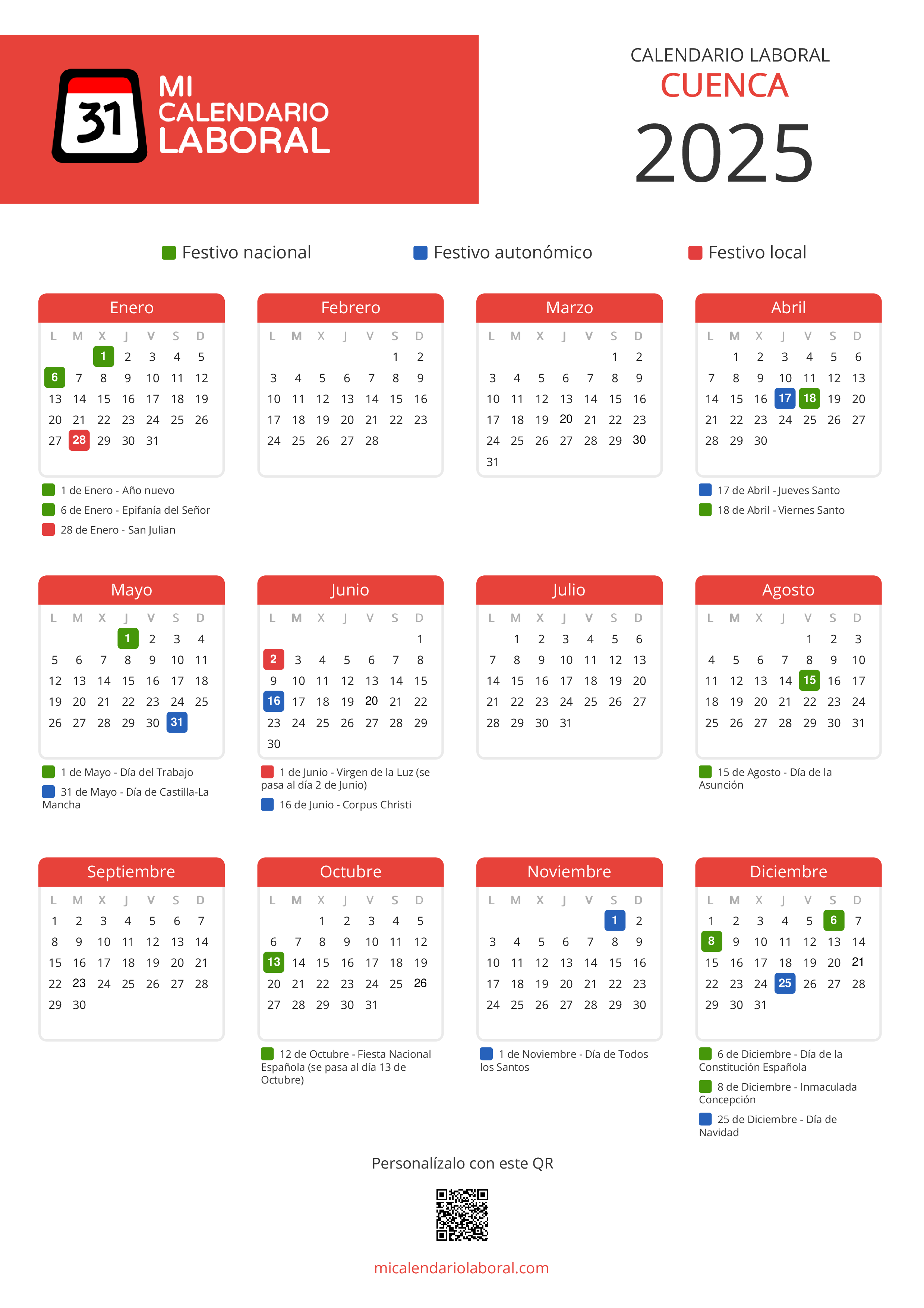Calendario Laboral de Cuenca 2025 - Feriados y puentes de Cuenca formato vertical